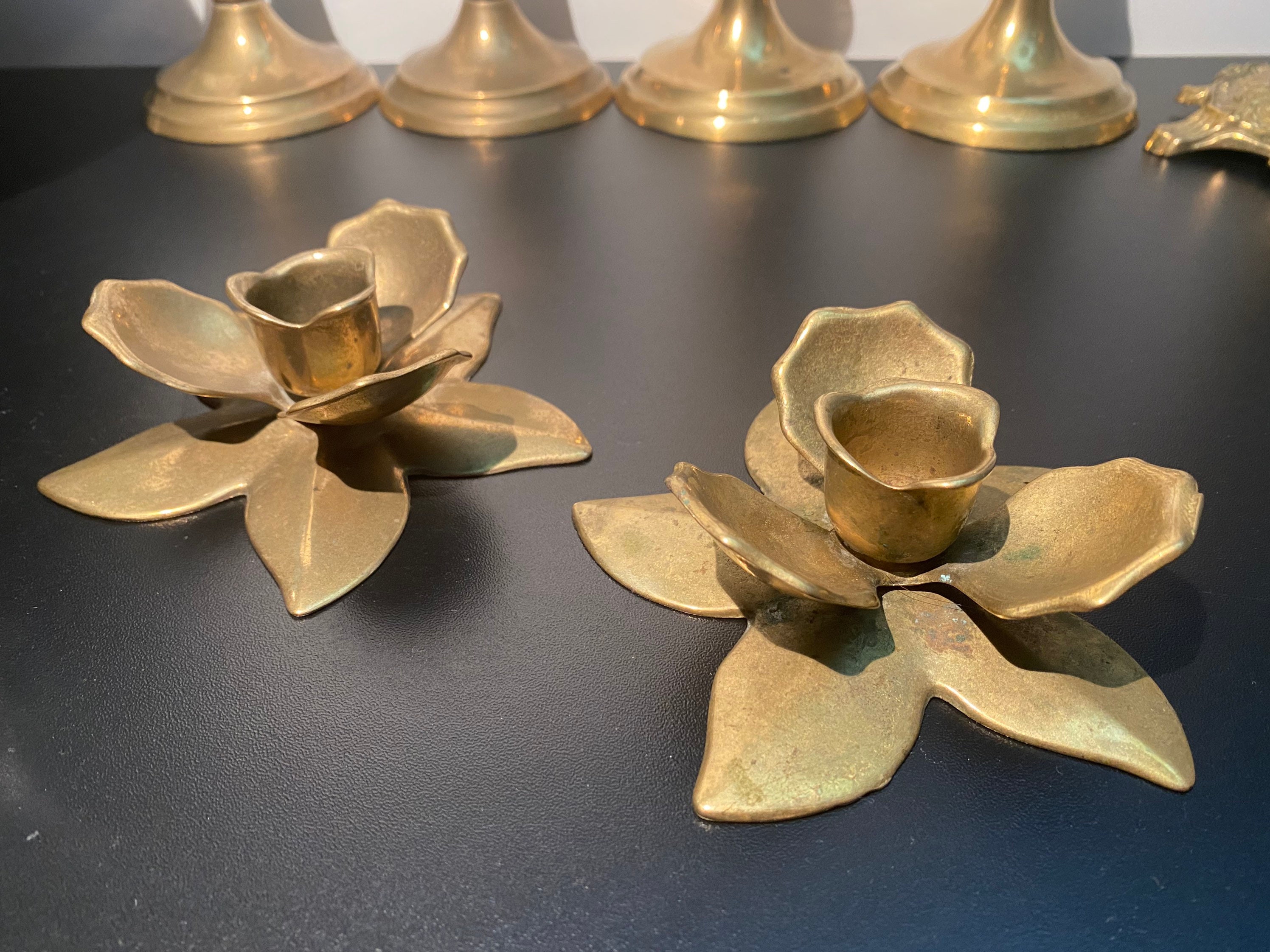Paire de Bougeoirs en Laiton Forme Fleur, Vintage 1960, Photophores/Antique Flower Brass Candlestick