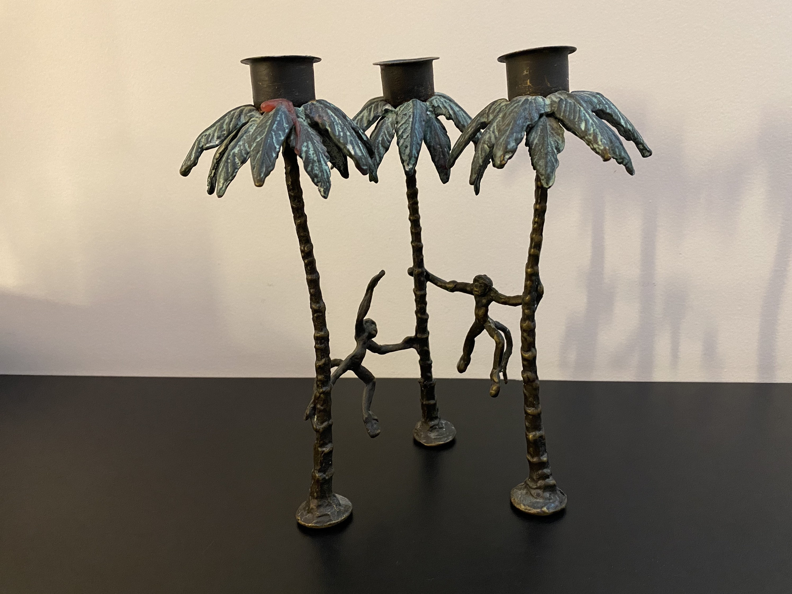 Bougeoir Palmiers Singes Laiton Patine Verte Vintage Des Années 80 Regency Chandelier Trois Bougies 