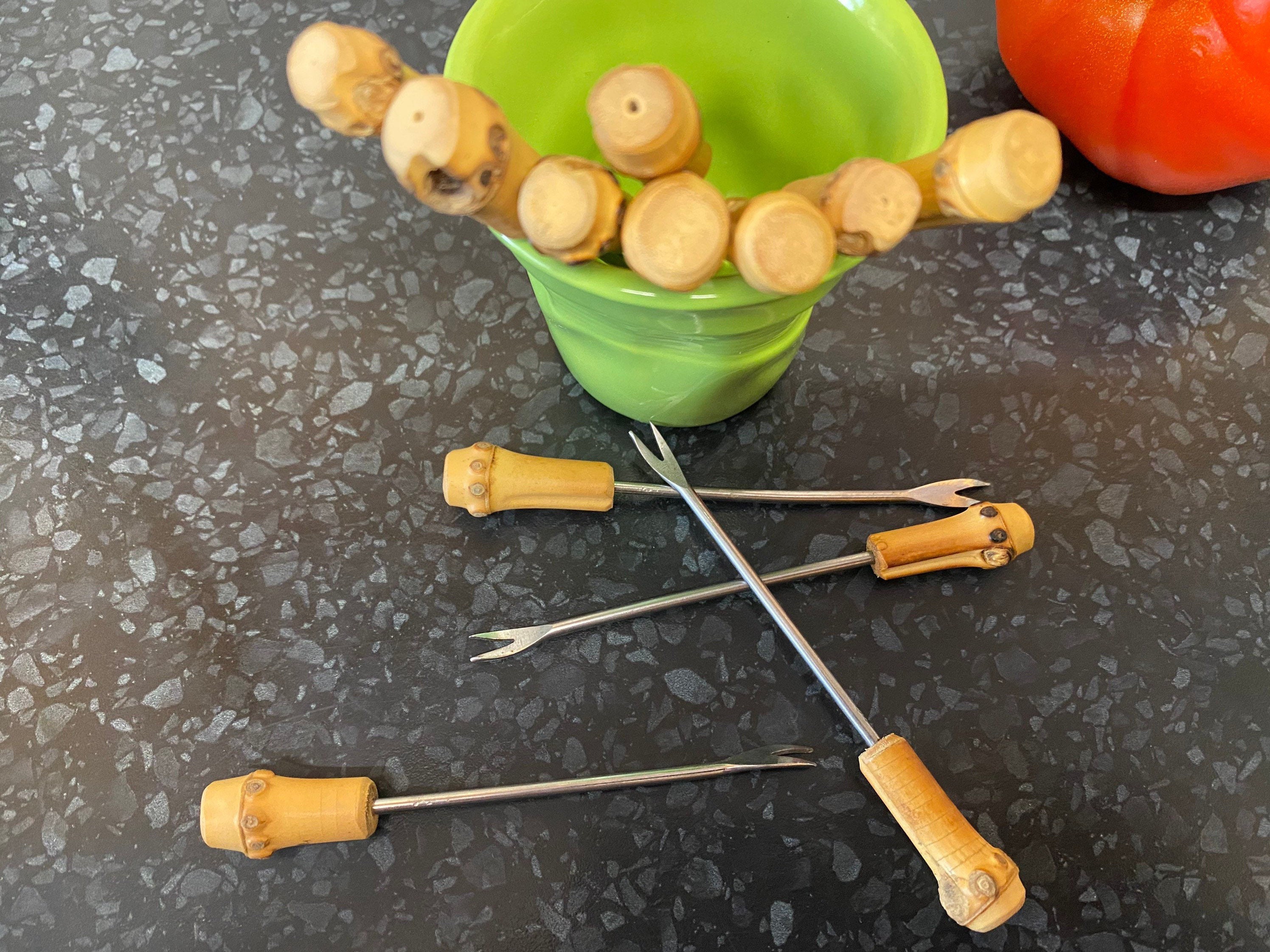 Bamboo 12 Piques Pour Apéritif Manche Bambou, et Inox Vintage 1950 Tiki Mcm Midcentury Cutlery Couve