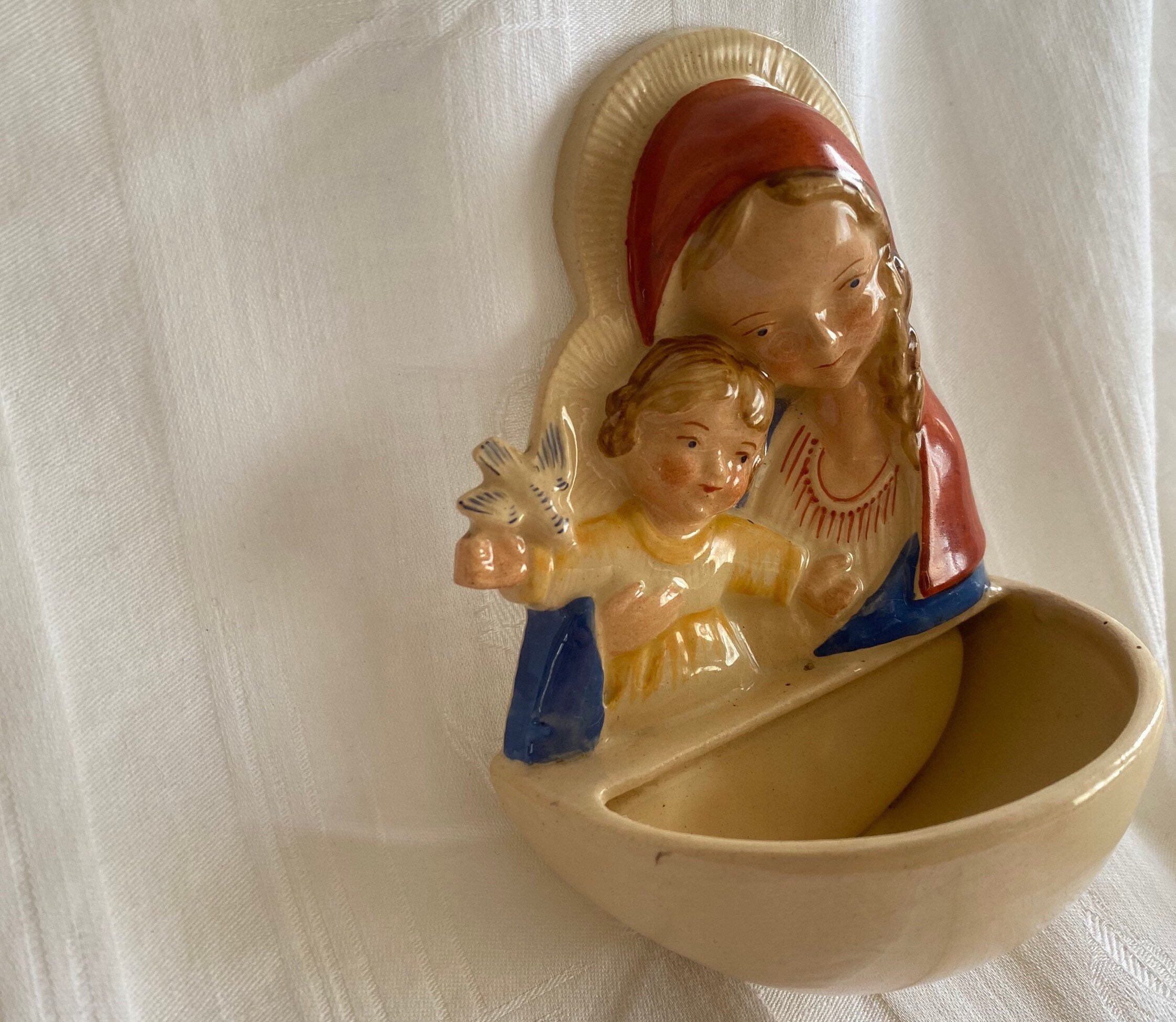 Benitier Faience Vierge A L'enfant Madonne Vintage 1900/1920 Madonna French Antique Holy Water Ceram