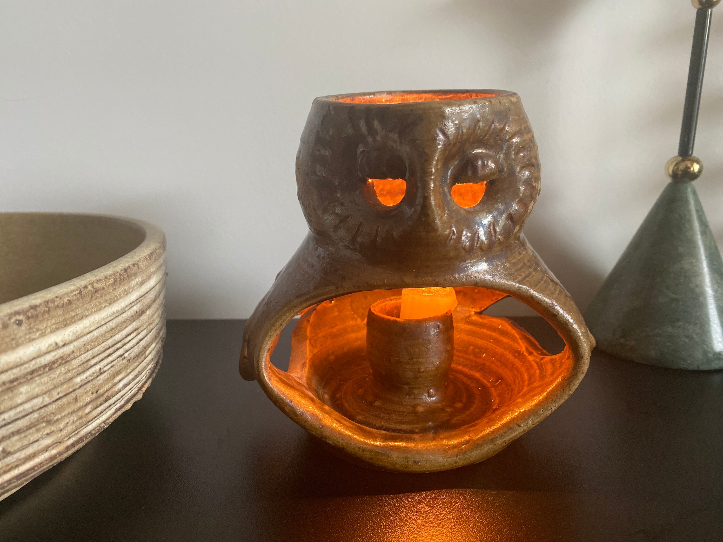 Lanterne Forme Chouette Photophore Grès Signée Vintage 1970 Antique French Sandstone Shabbychic Rust