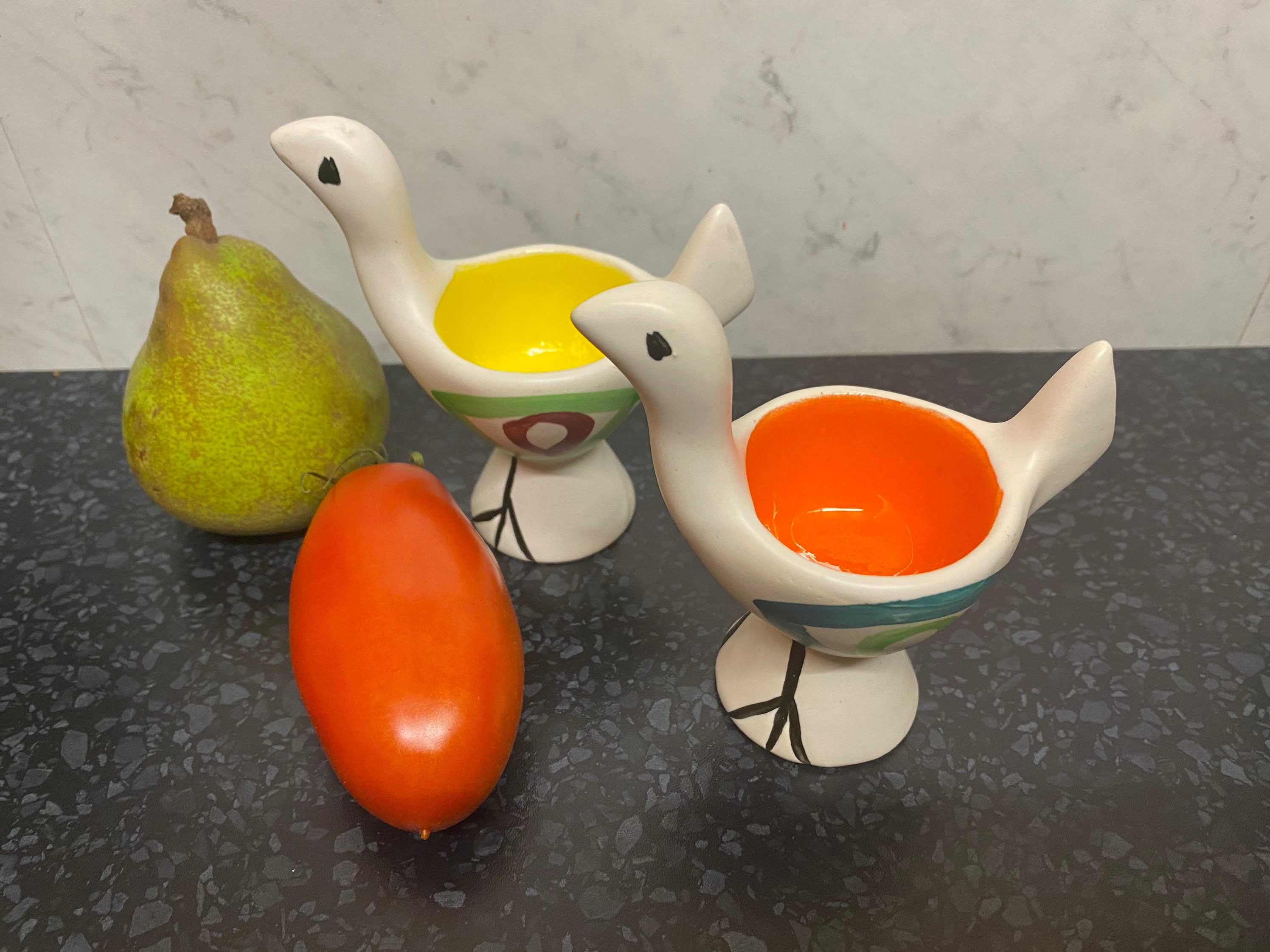 Coquetiers Oiseau Porcelaine Signés Lilli Lillette Valentin Vintage Blanc Décor Polychrome Français 