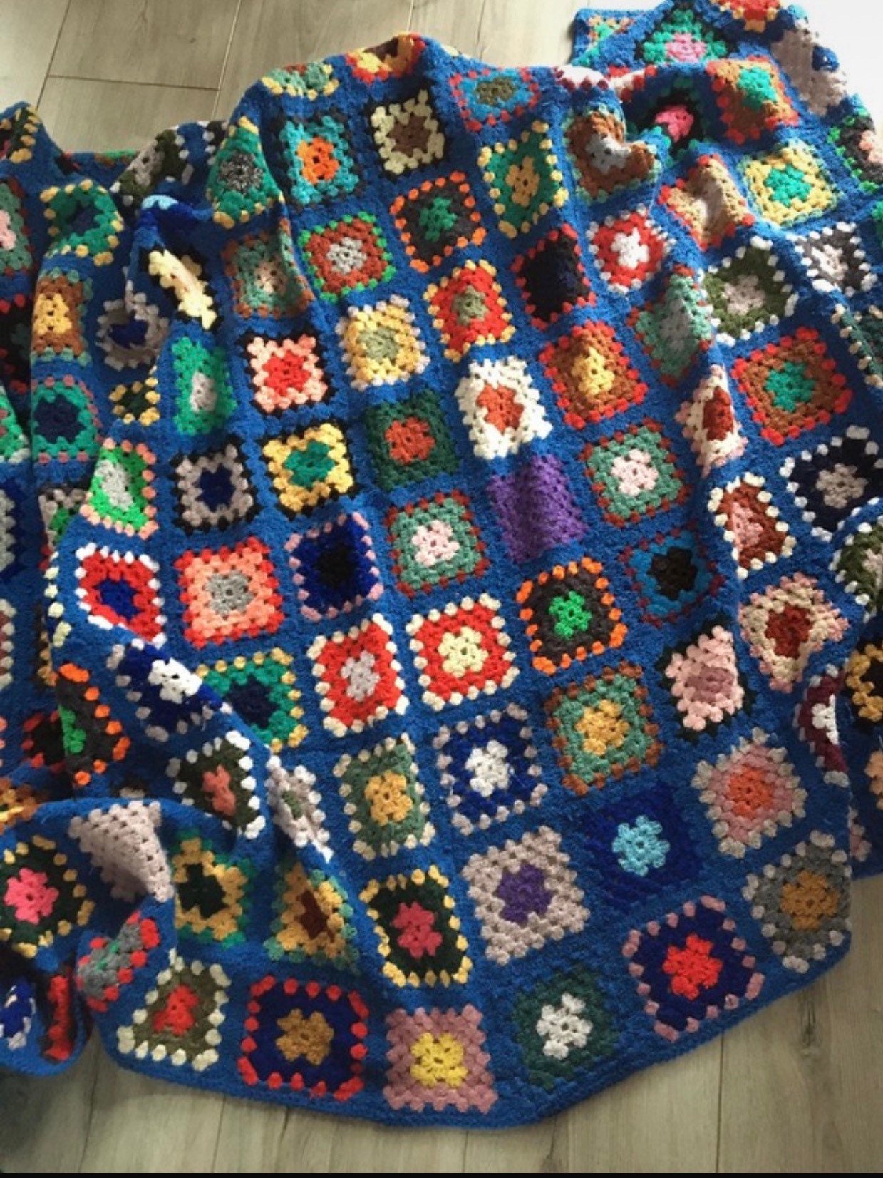 Plaid Granny Square 62x70 Au Crochet Fait Main Dominante Bleue Vintage 1970 Kitsch Couverture Sofa C