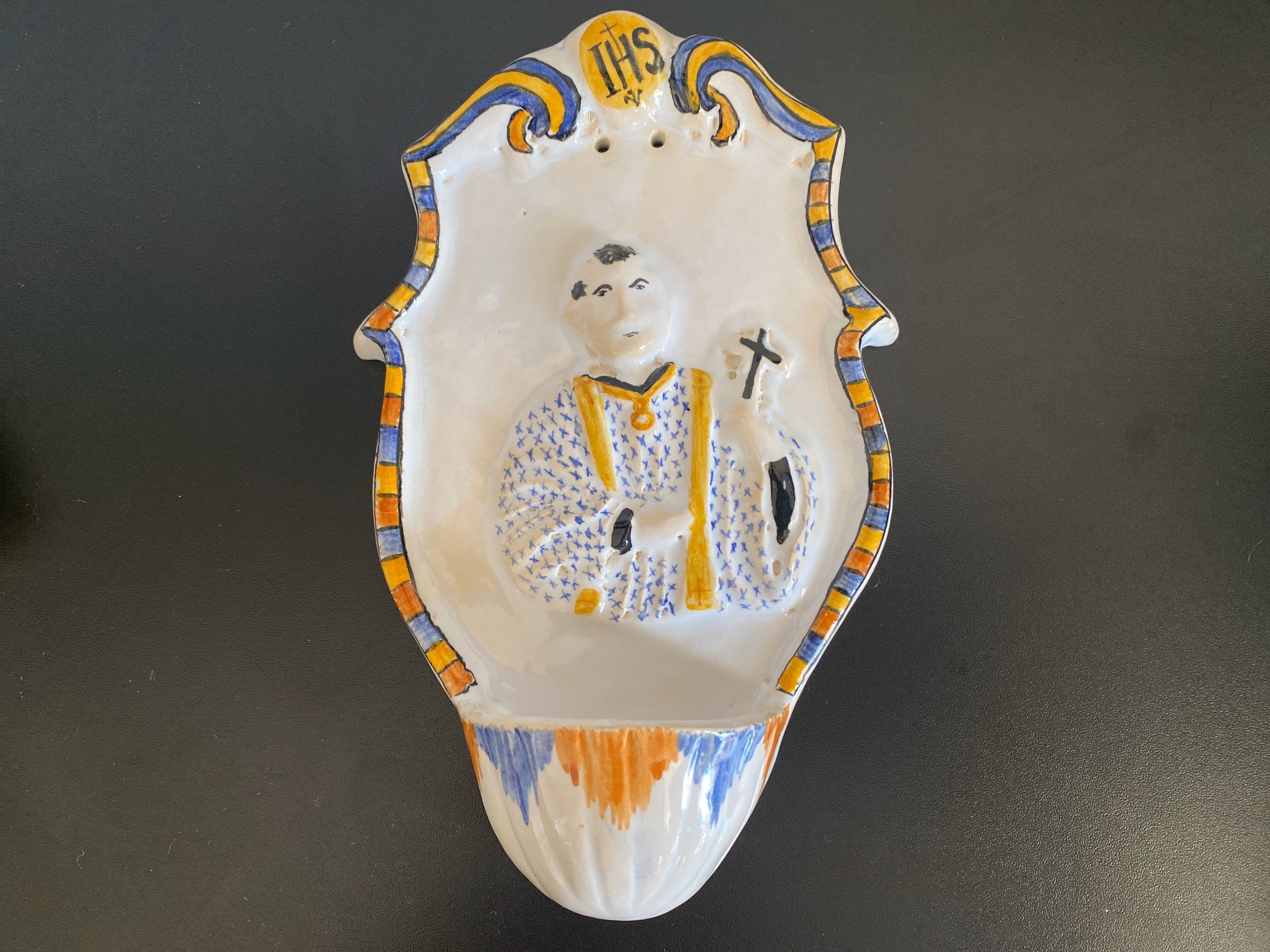 Bénitier à Suspendre Faïence Vintage Saint François Régis Jesus Antique Catholic Holy Water Stoup Cr