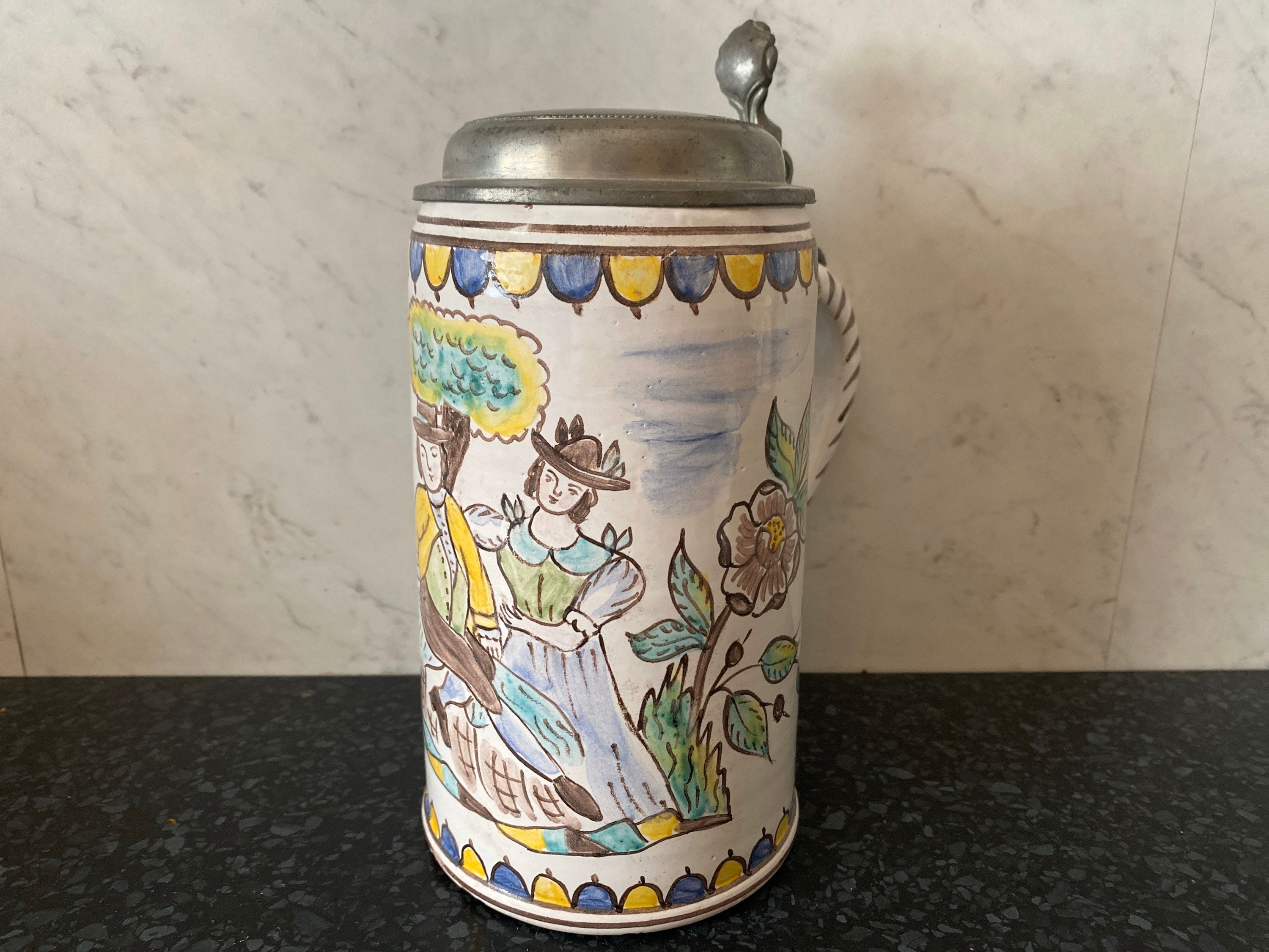 Chope de Bière Céramique Peint Main Ancienne Décor Polychrome Xixeme Antique German Glass Maß Tegest