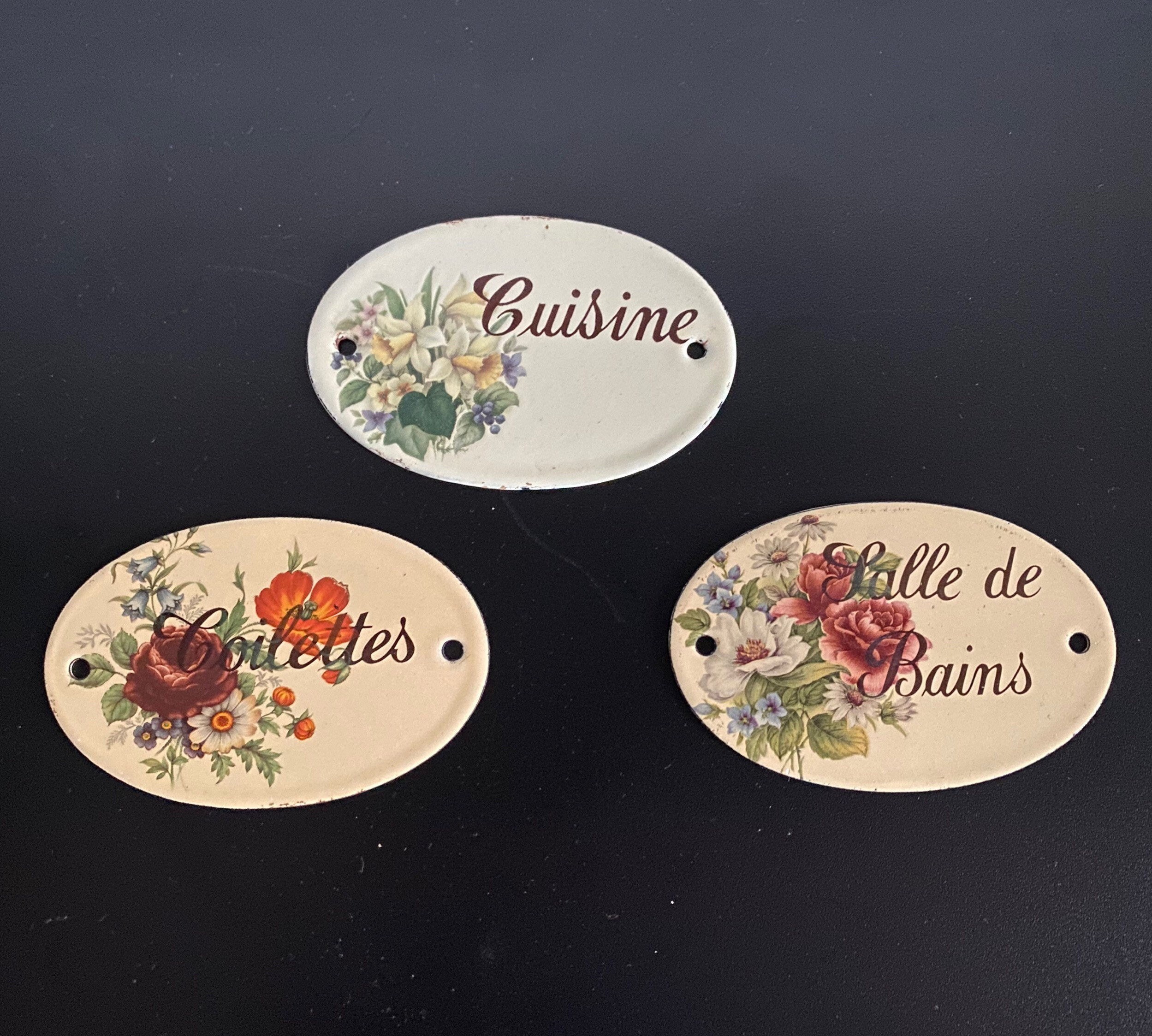 Plaques Porte Toilettes Cuisine Salle de Bain Vintage Années 1970 French Antique Enameled Plate Shab