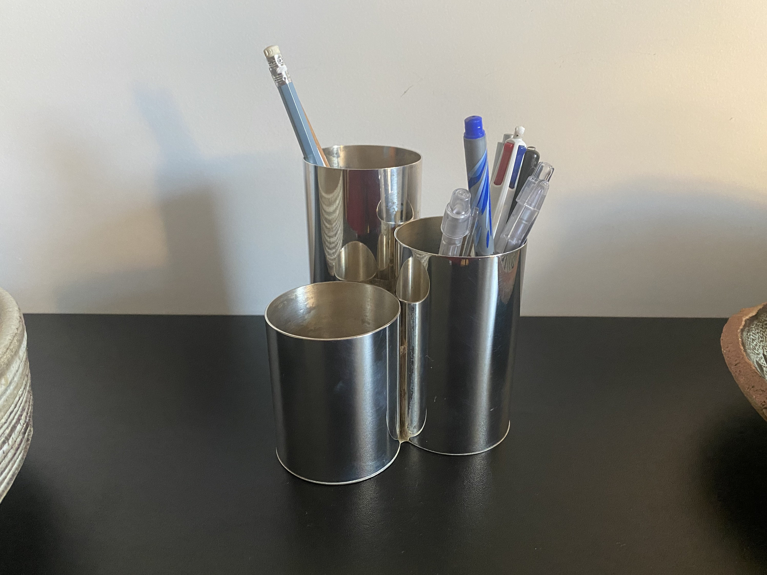 Organiseur de Bureau Deyhle Vintage 1960 Métal Argenté Pencil Case Pot à Crayons Allemagne Ancien Re