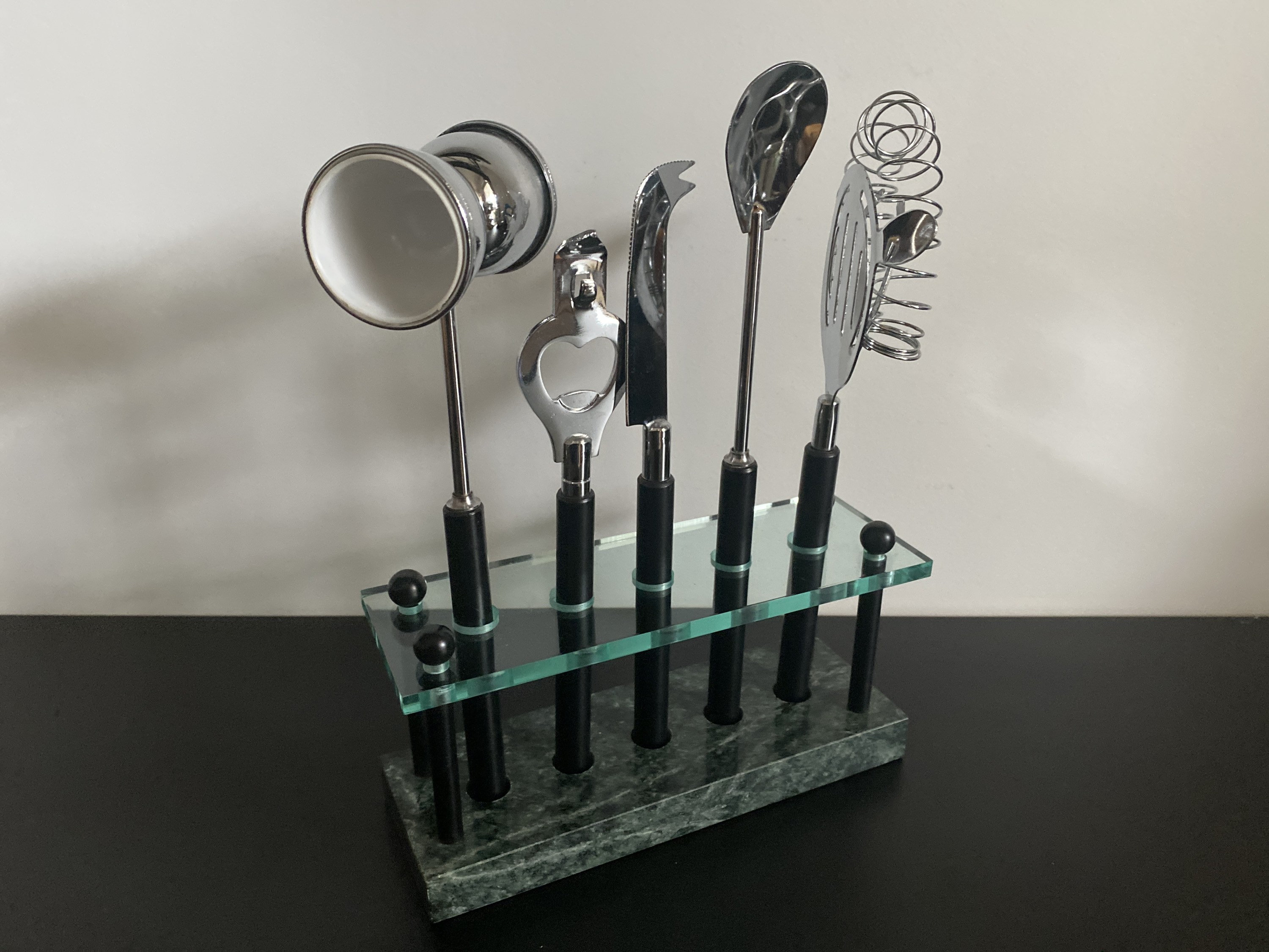 Ensemble Cocktail Accessoires Set Vintage en Métal Marbre Chrome Verre Style Memphis Milano Era Sott