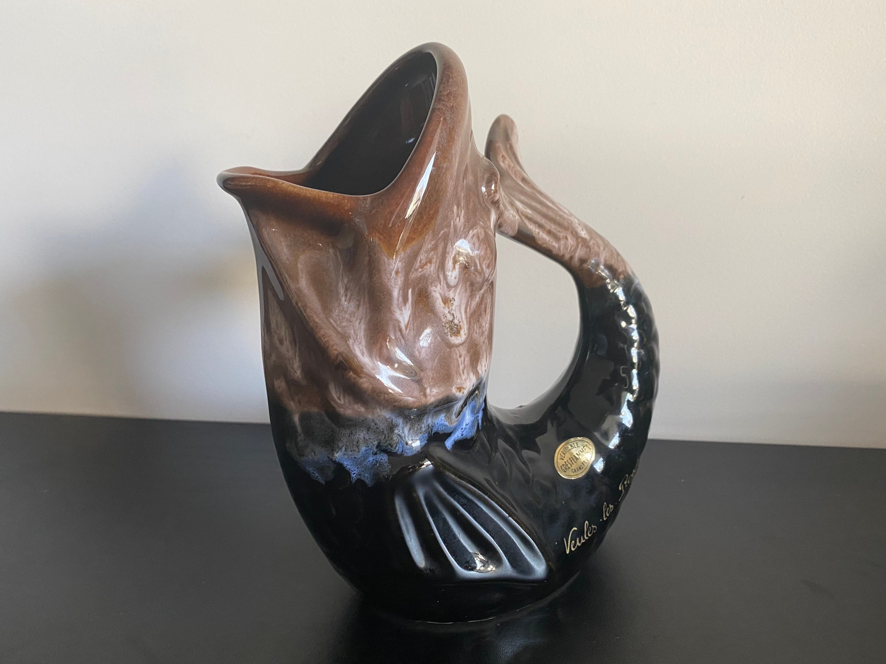 Vase Céramique Poisson de Vallauris Vintage Années 1950 Mcm French Ceramic Fish Bowl Midcentury Brut