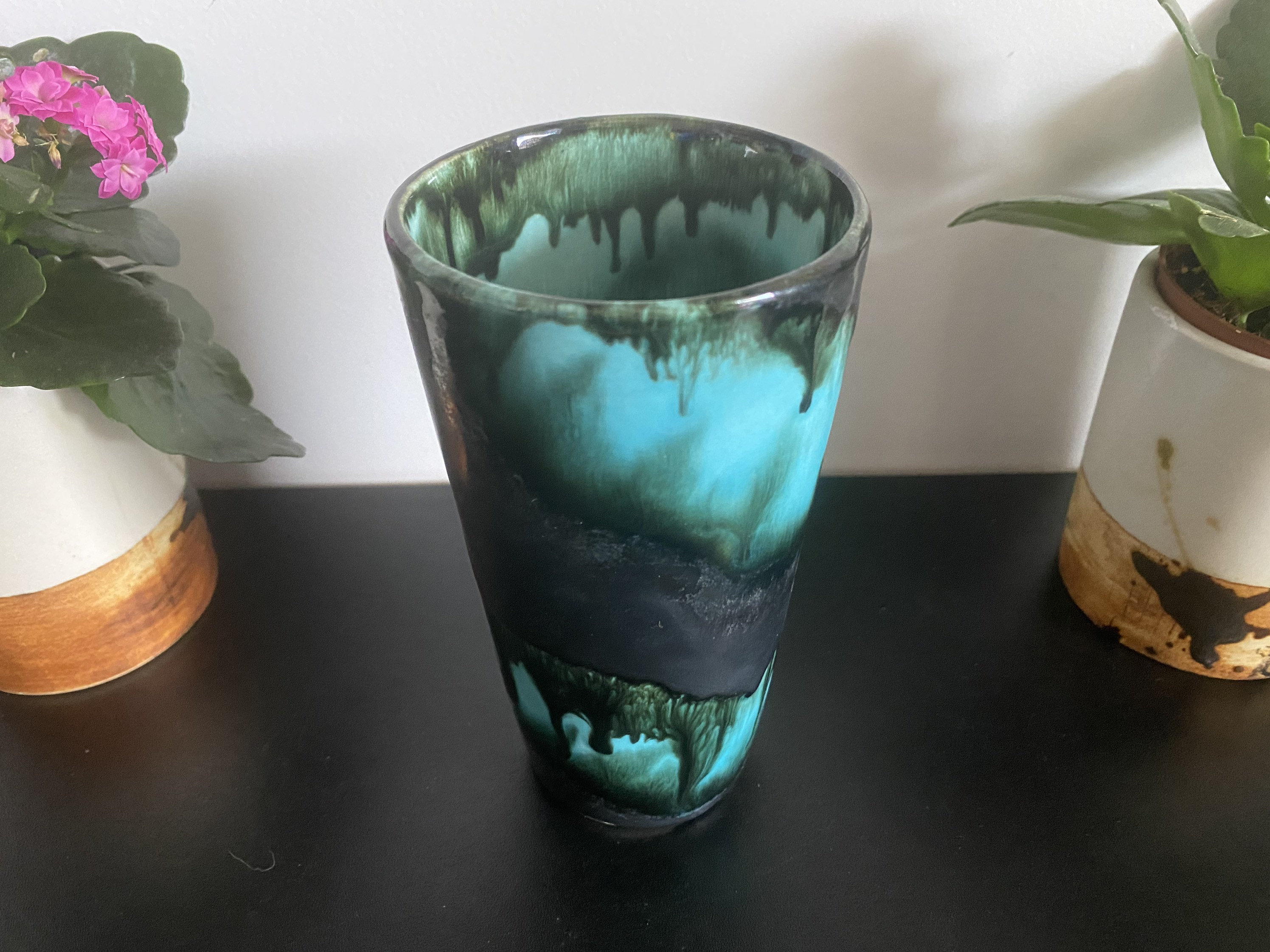 Vase Céramique Fat Lava Bleu Vert Noir Mat Vintage 1970 Écume de Mer Emaux Shabbychic Rustique Campa