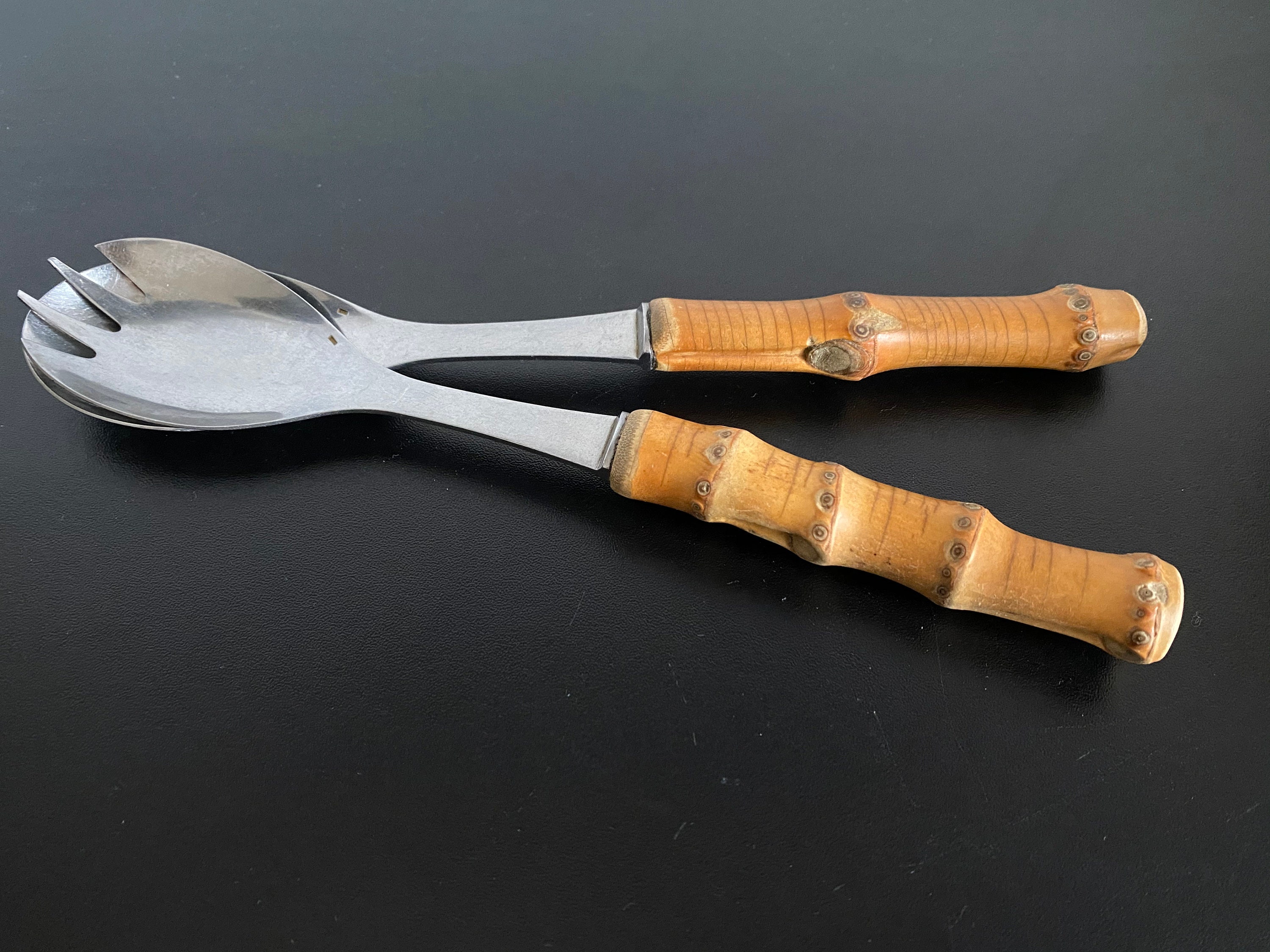 Bambou Couverts A Salade Français et Inox de 24 cm Mcm Midcentury Bamboo Serving Set Fork Vintage An