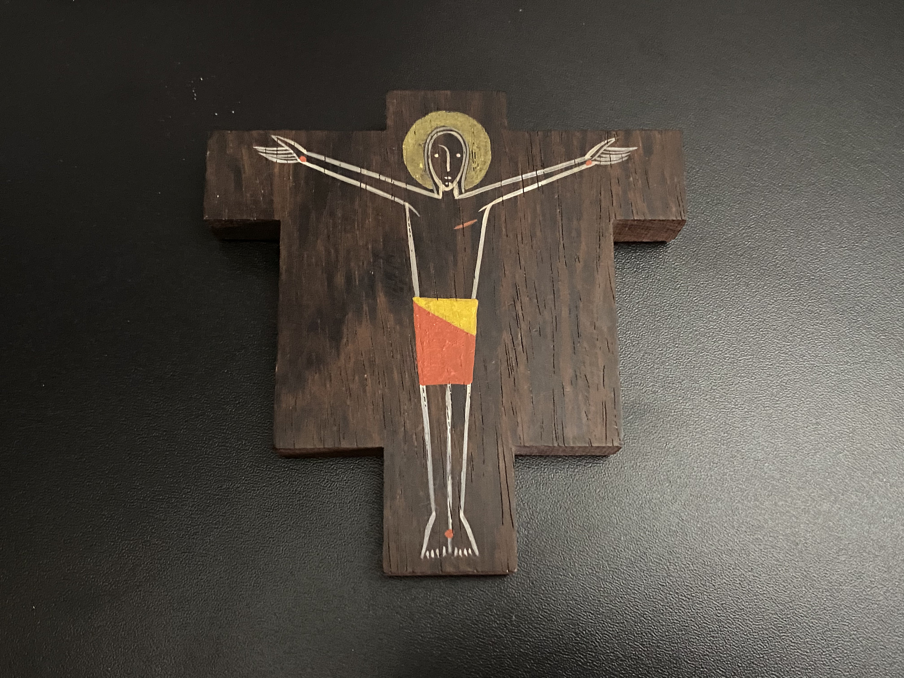 Croix à Suspendre en Bois, Crucifix Bois Exotique Midcentury Mcm Peint La Main Antique Catholic Cros