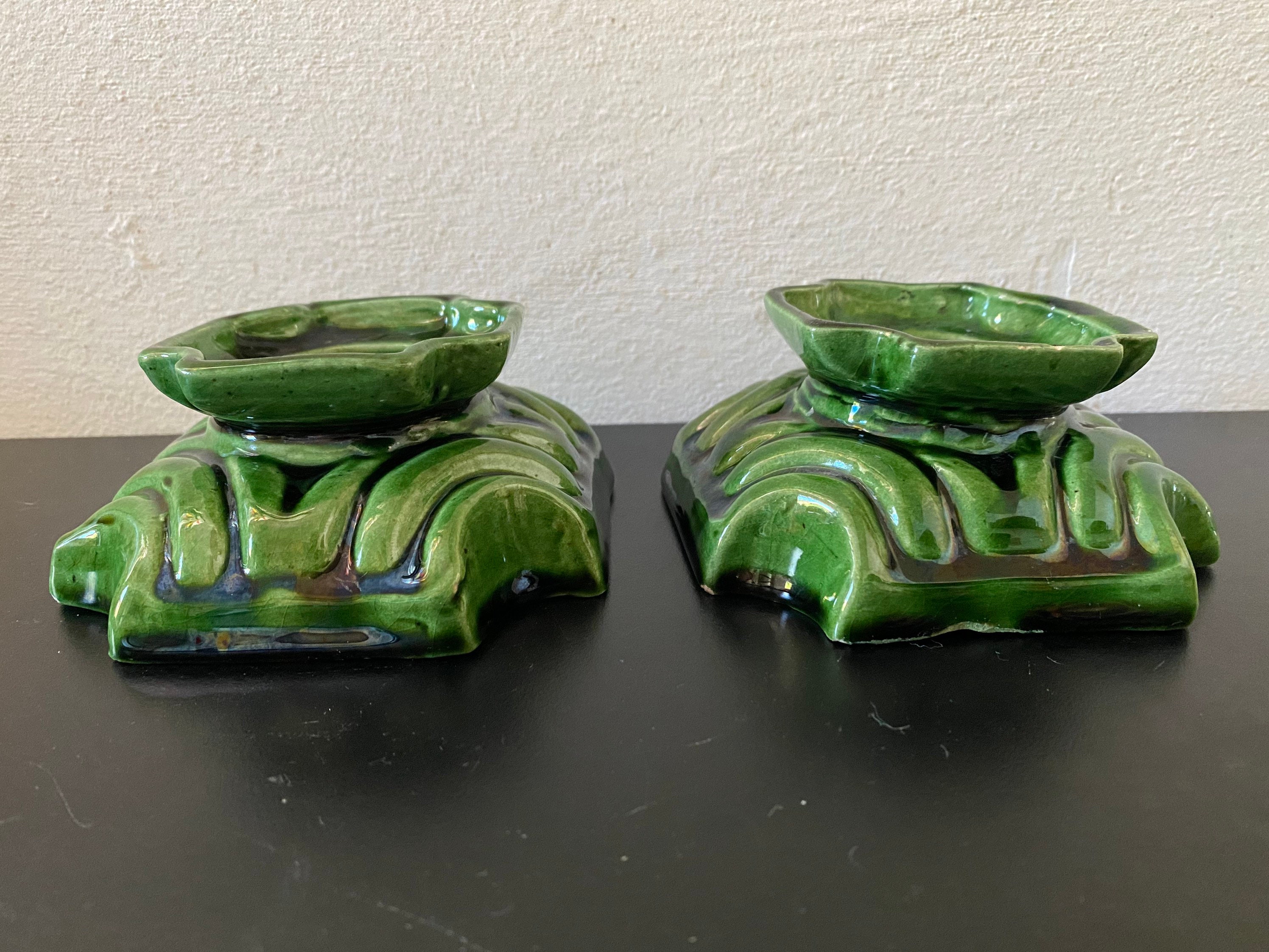 Paire de Bougeoirs en Ceramique Verte Vintage 1940/1950 Français Chandelier Faience