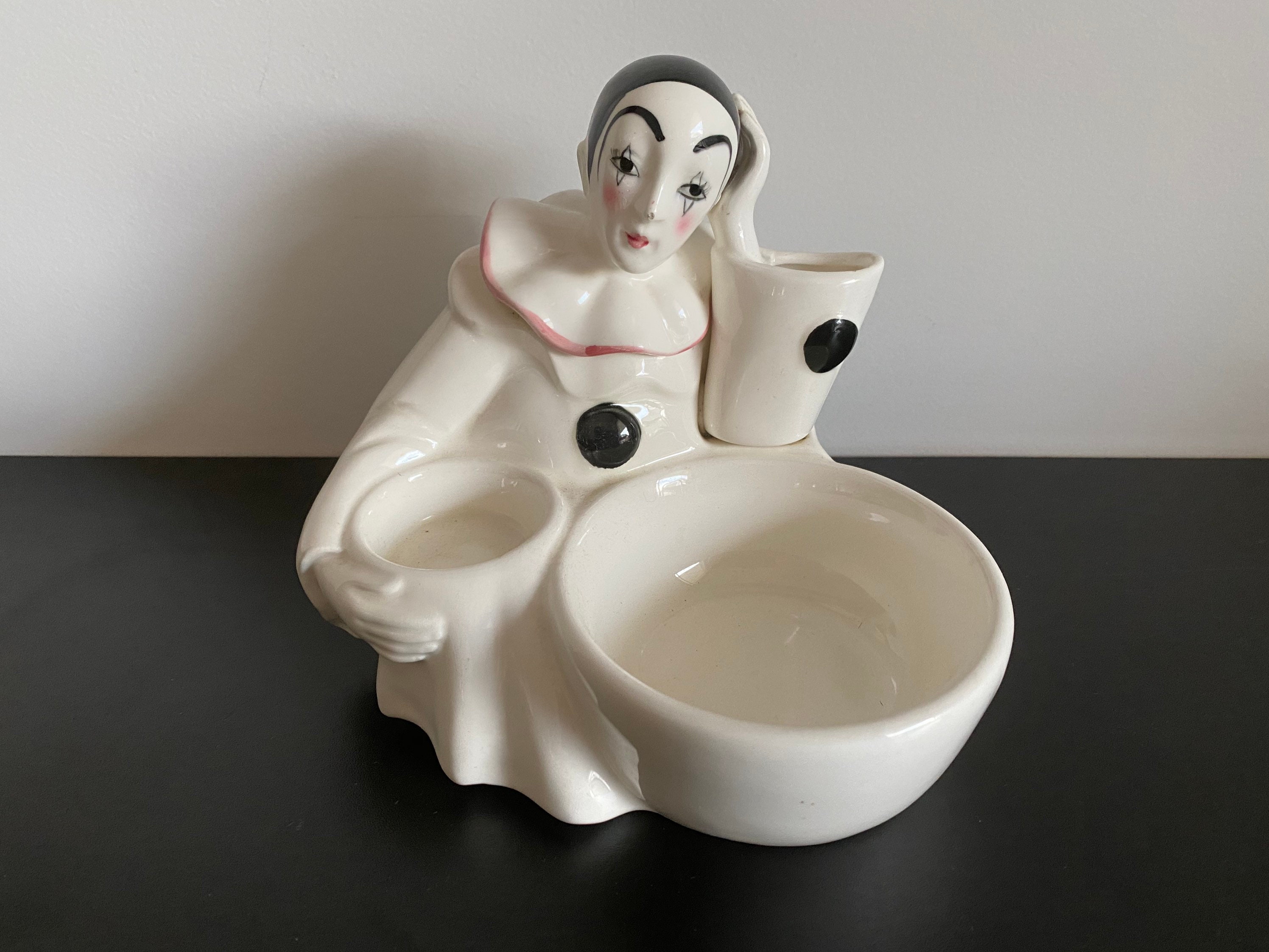 Vide Poche Pierrot en Céramique Blanche et Noire Vernissée Vintage French Ceramic Midcentury Clown C