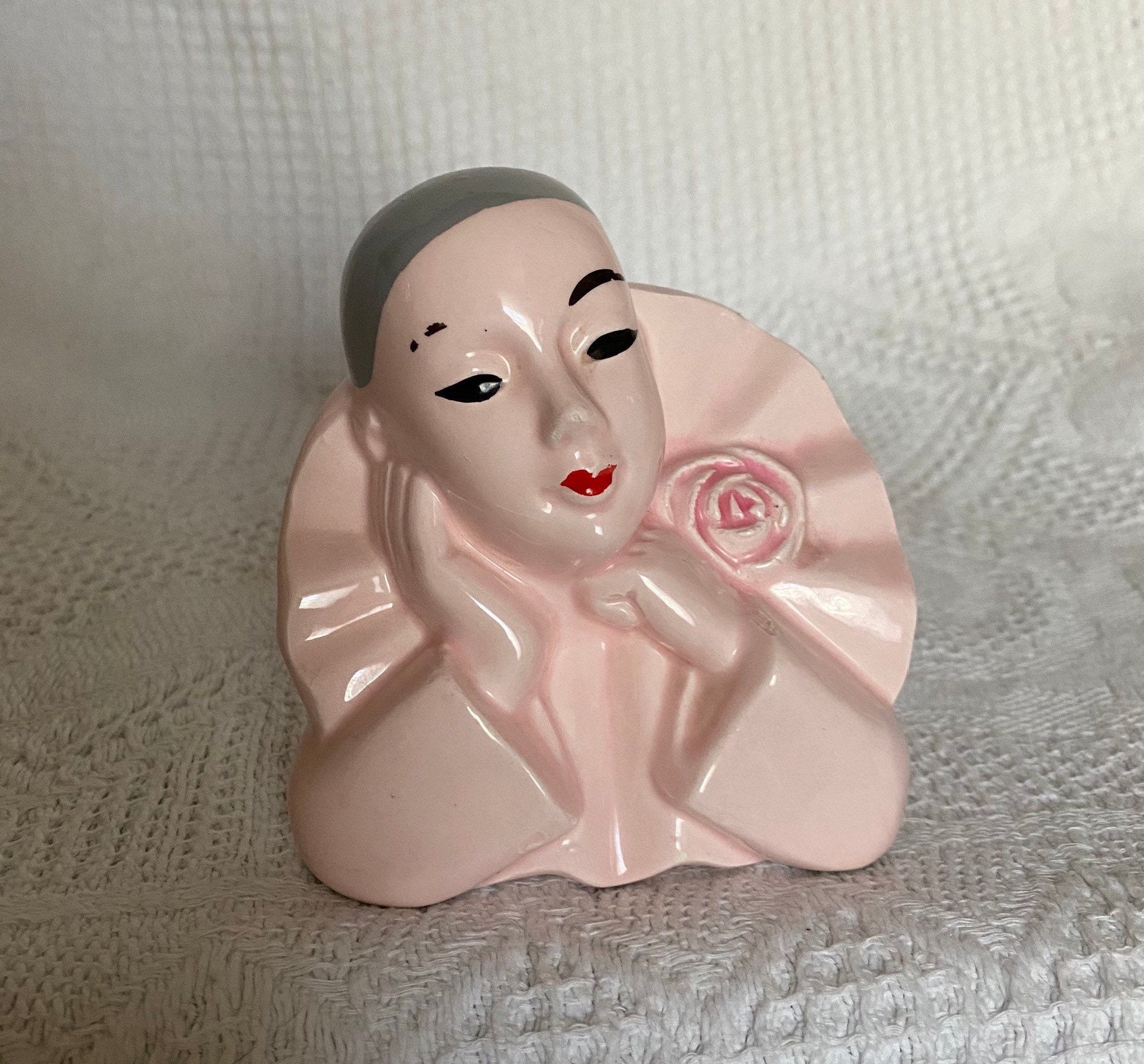 Pierrot en Buste , Céramique Rose Pastel Vernissée Vintage French Ceramic Midcentury Clown Cirque Sp