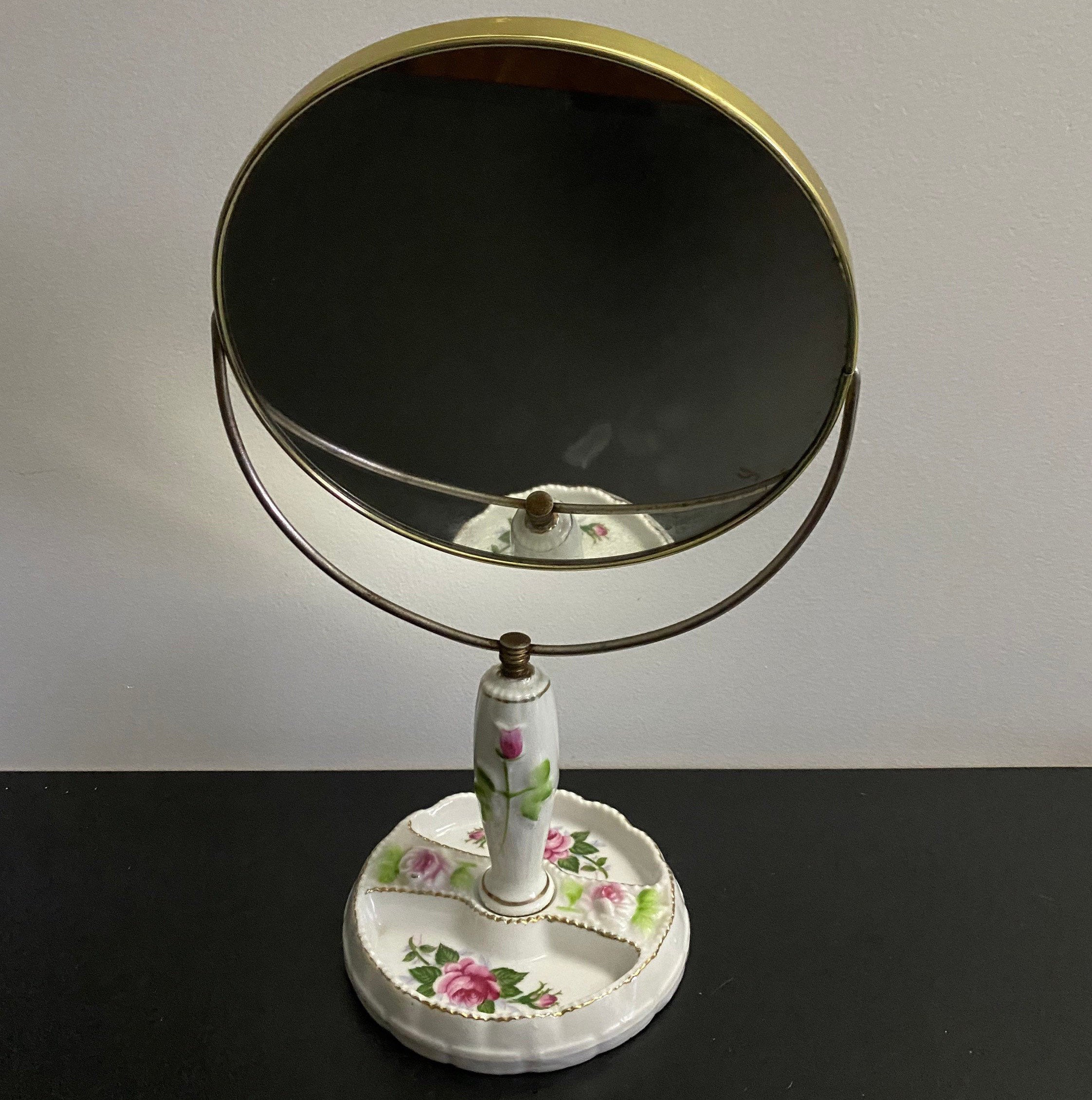 Miroir Rond à Poser, Double , en Céramique Blanche et Decor Floral Vintage 1960 Ceramic Hand Mirror 