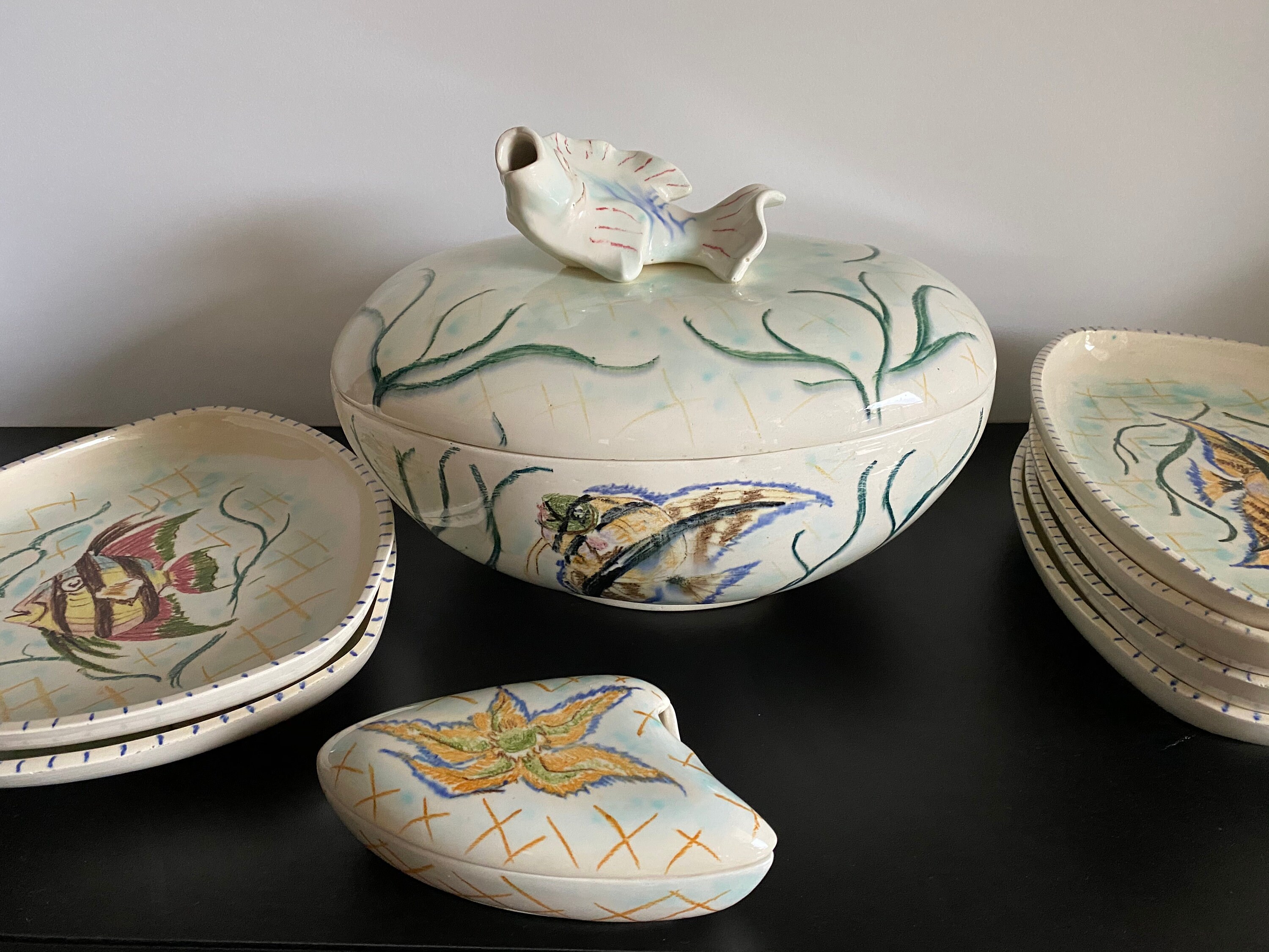 Service Poisson Signé Florentine Vintage 1950 Assiettes French Porcelain China Antique Shabby Chic C