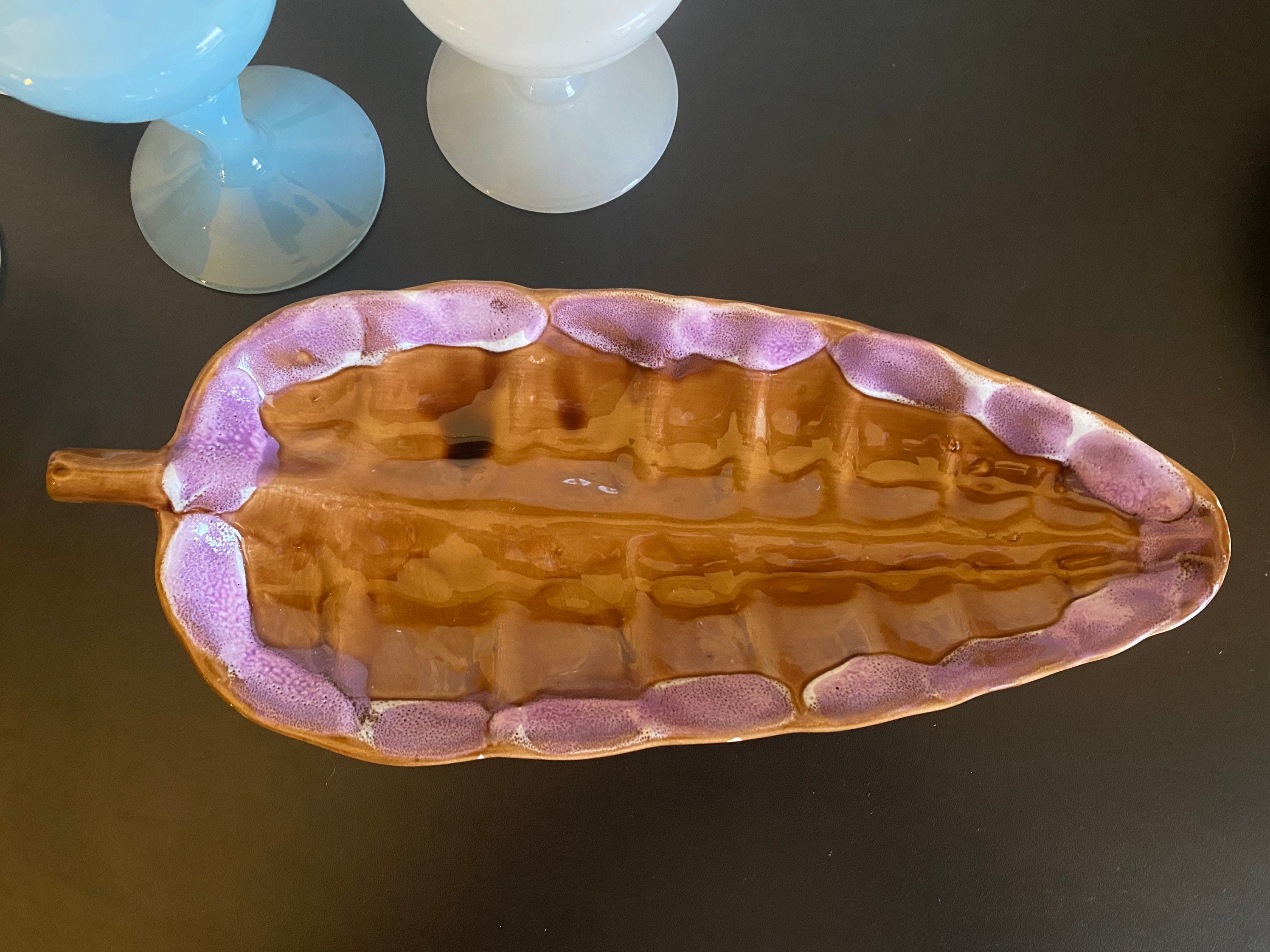 Coupe Feuille en Céramique de Vallauris Années 1950 Rose Brune Antique French Valauris Ceramic Shabb