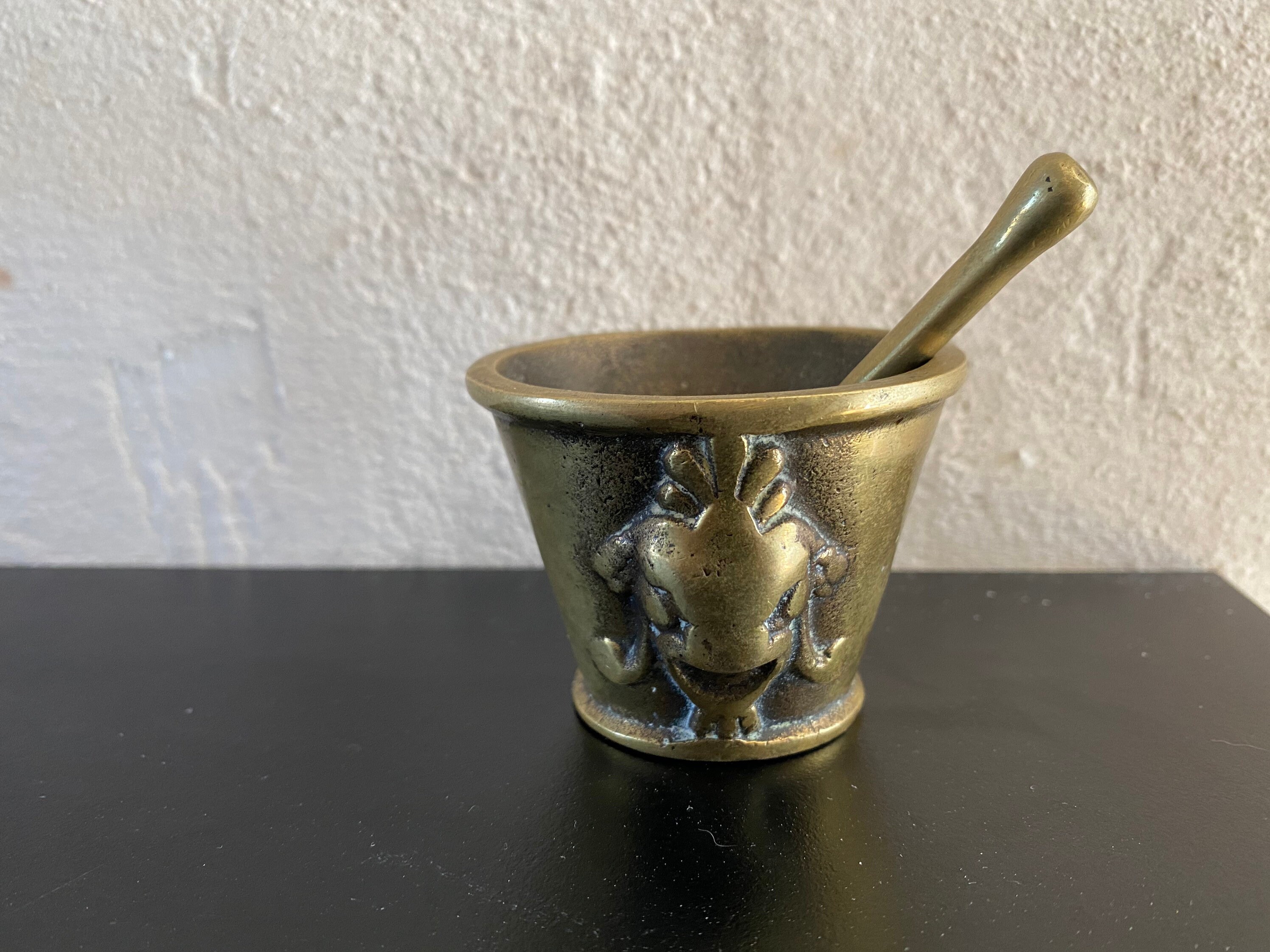 Mortier et Pilon Laiton Taille S Ancien Lourd French Antique Heavy Brass Mortar & Pestle Shabbychic 