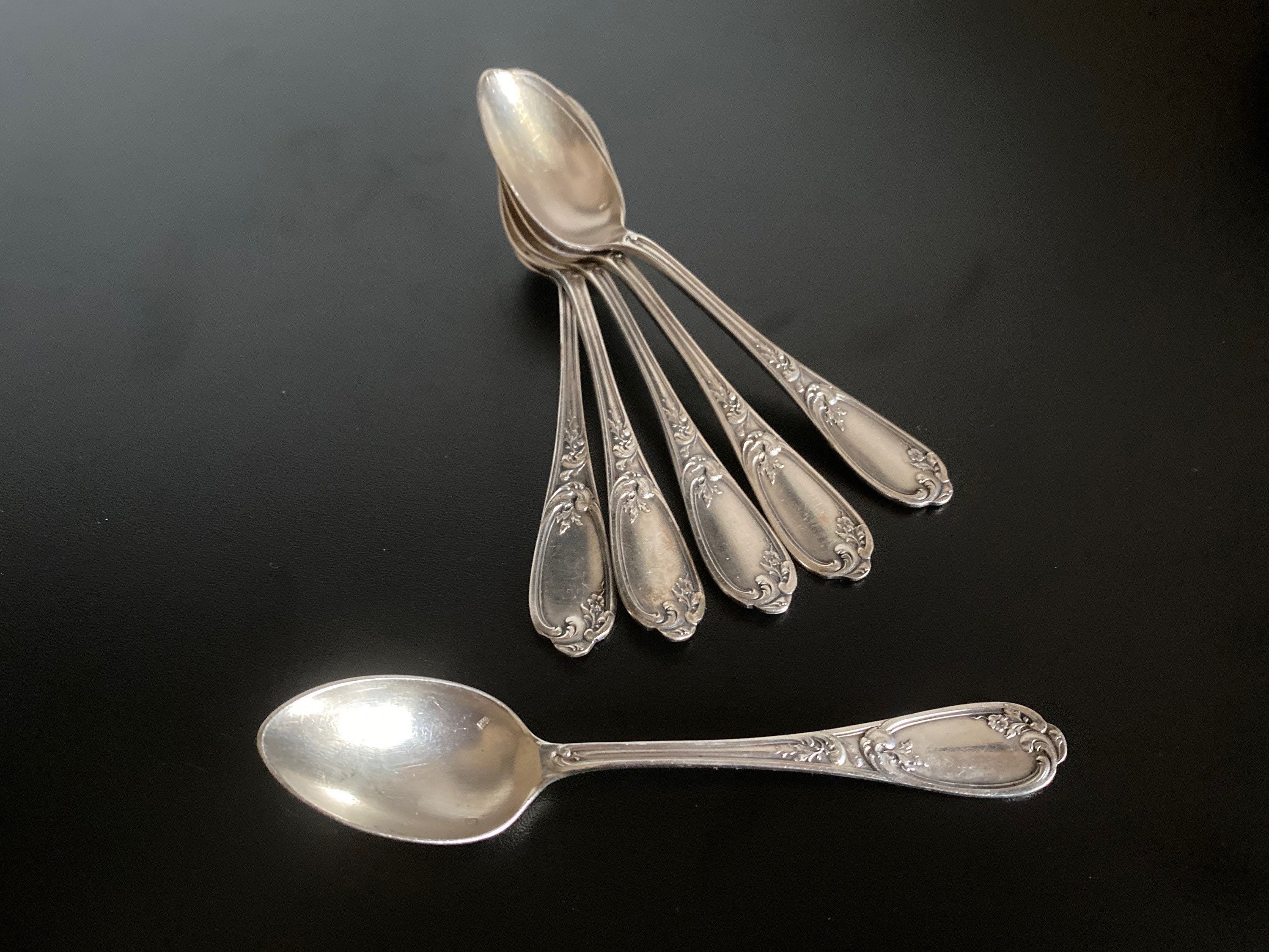 6 Cuilleres à Café Rocaille en Métal Argenté Decor Floral Anciennes Français Silvered Silverware Sil