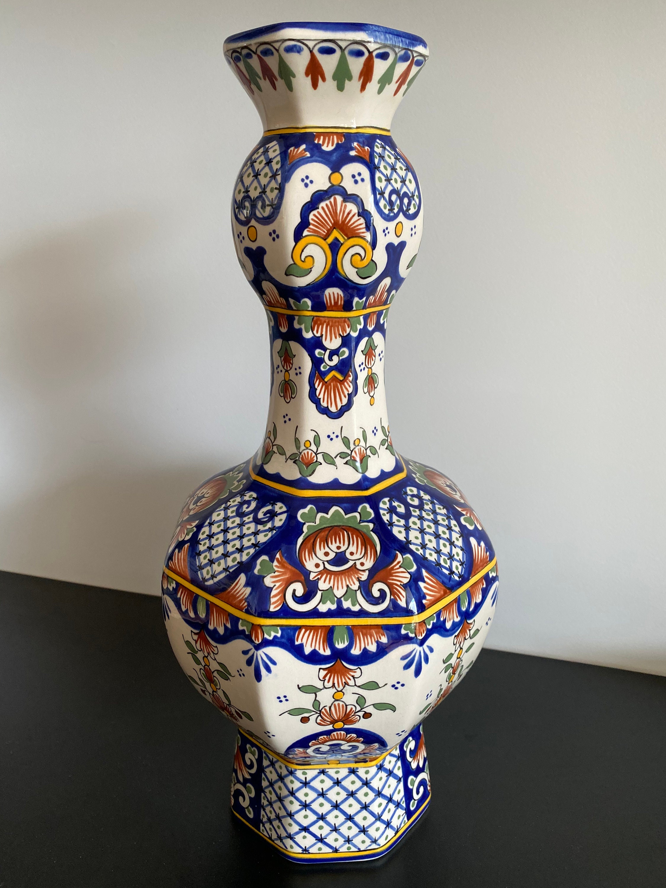 Vase Double Gourde Balustre en Faience de Desvres 40 cm Vintage 1930 Antique French Ceramic China Co