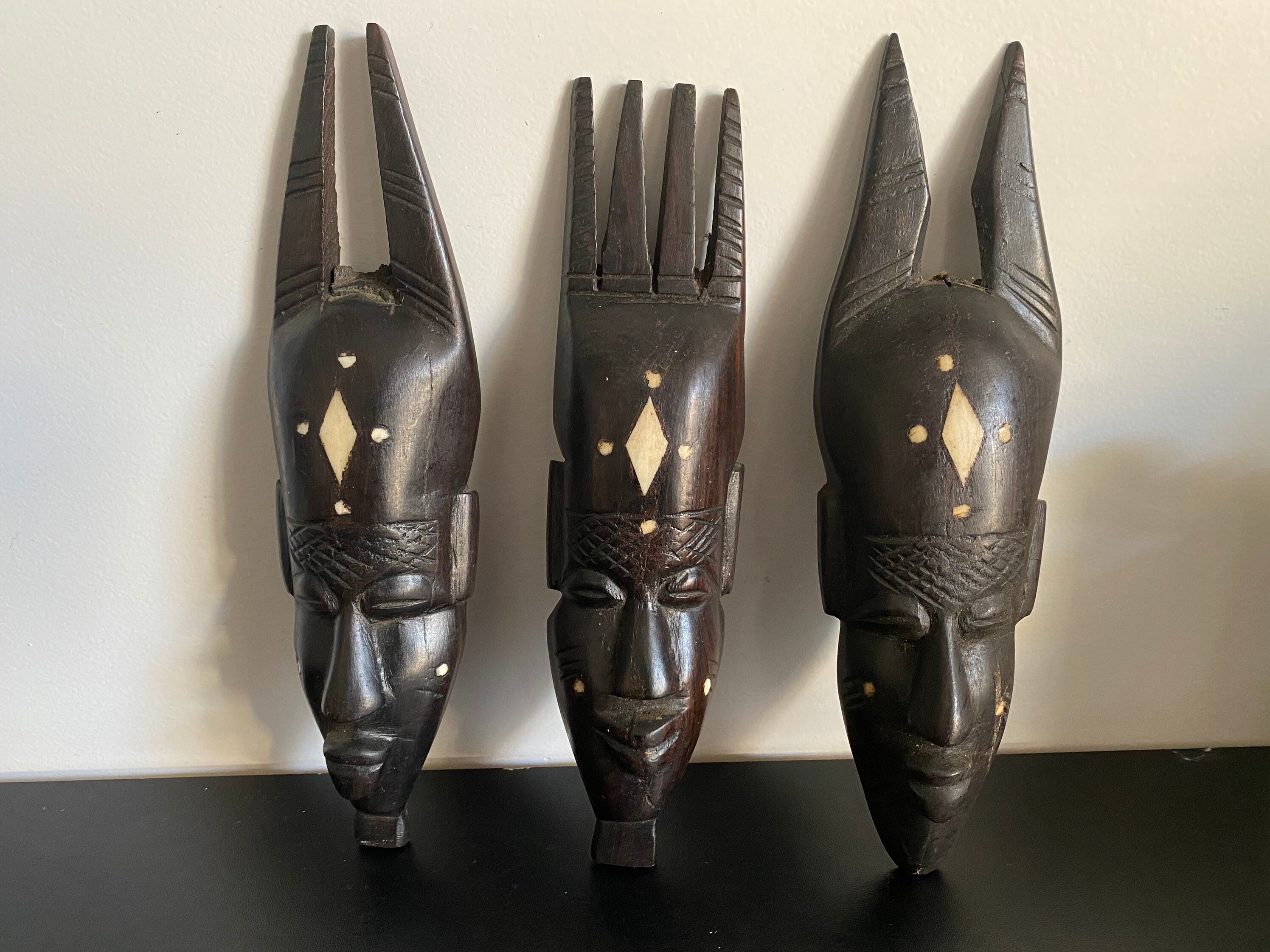 Masques Africains Bois Ébène et Os Statue Ethnique Vintage Fait Main Afrique Folk