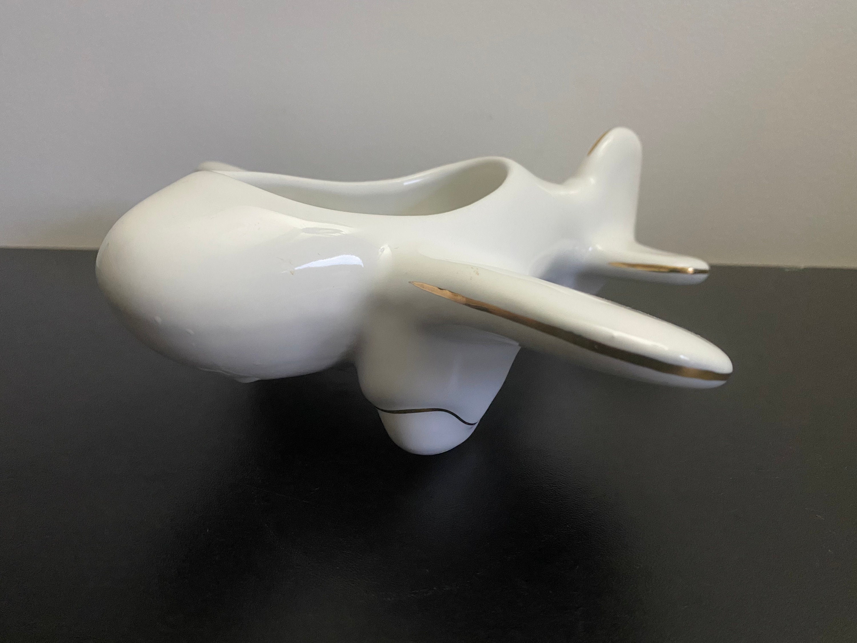 Vase en Céramique Forme Avion Email Blanc Filet Doré Shabbychic Rustique Countryhouse Campagne