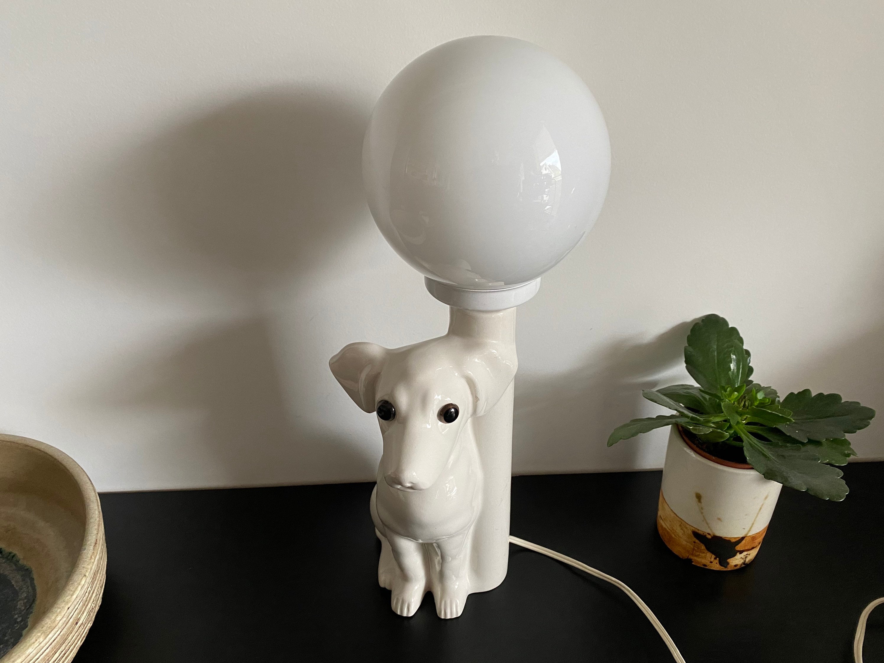 Lampe Céramique Chien Blanc Vintage 1970 French Antique Originale Shabbychic Countryhouse Pomme Appl