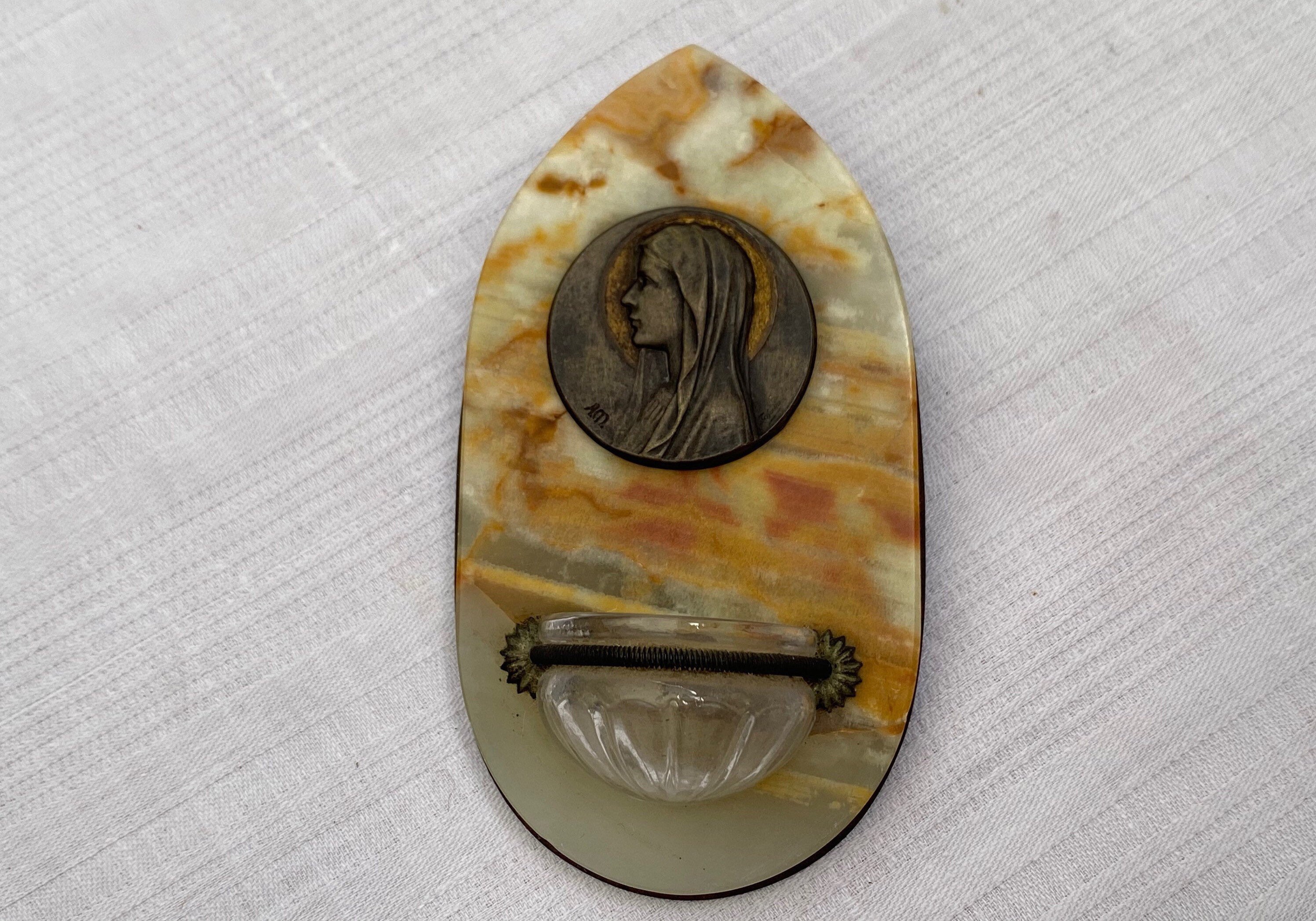 Bénitier A Suspendre en Onyx Pierre Laiton Xixe Médaille Vierge Dorée Antique Catholic Holy Water St