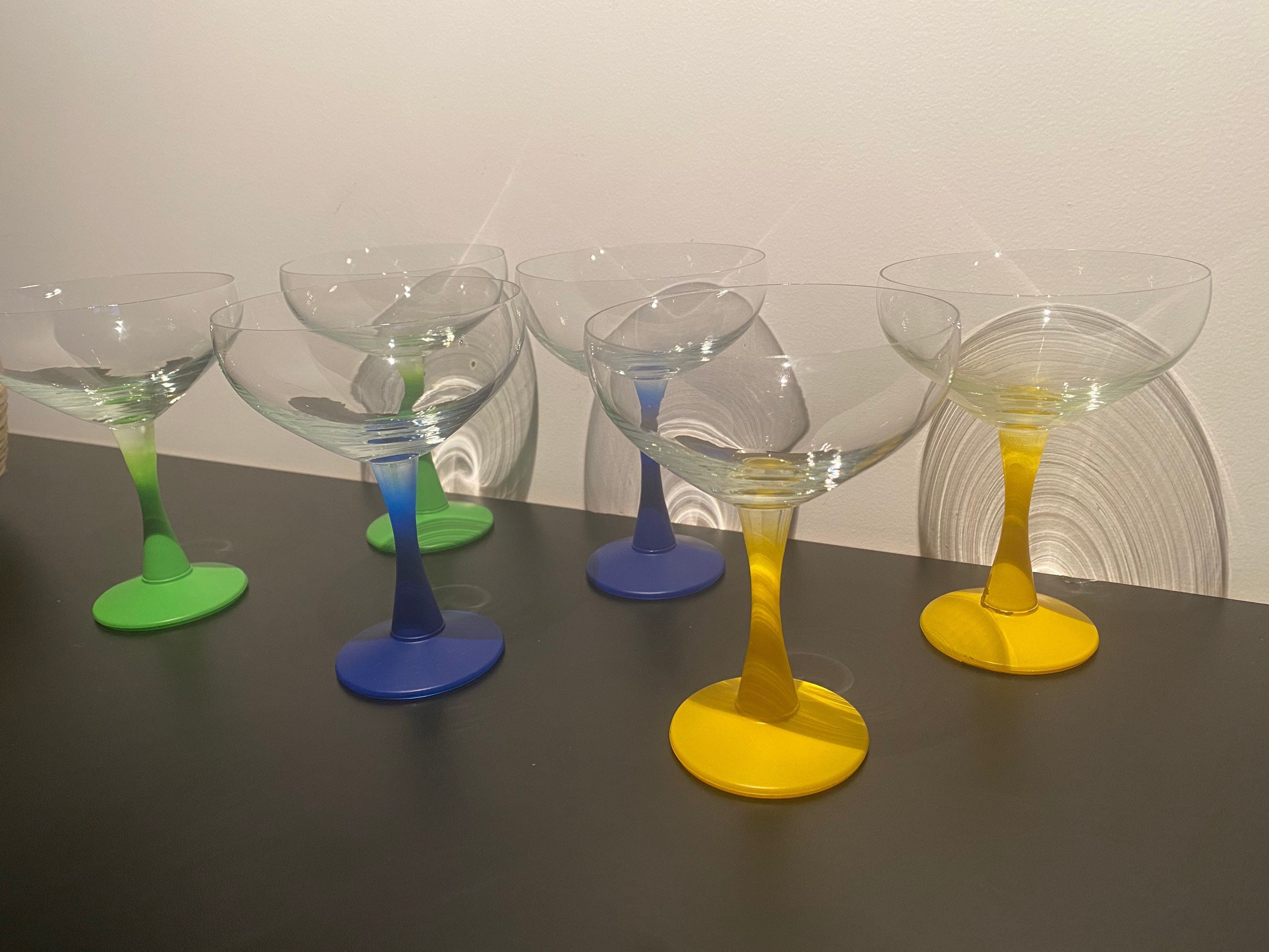 Coupes à Champagne Colorées Verres Cocktail Aperitif Vintage 1980 Français Cristal Post Moderne Pop