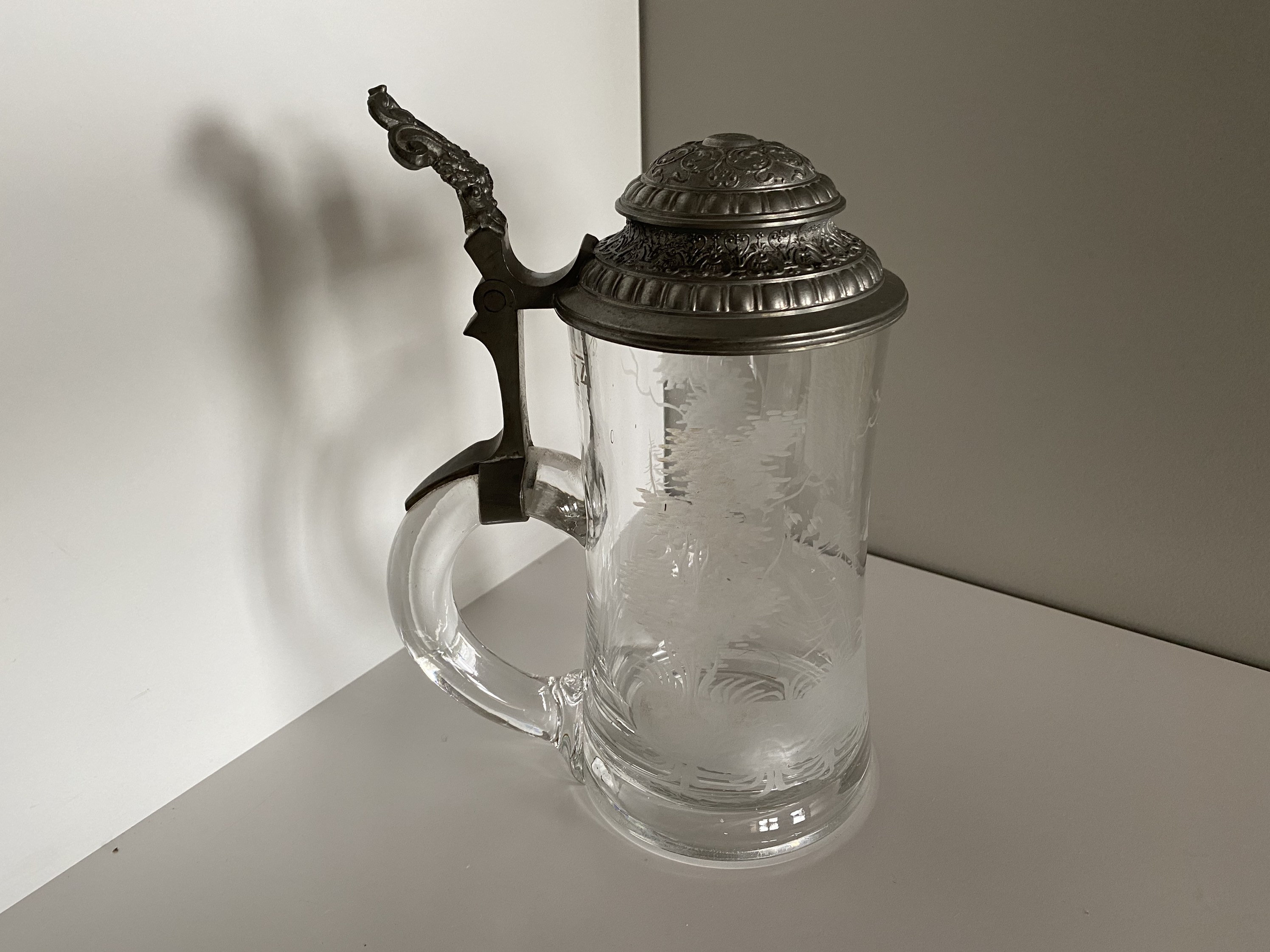 Antique Beer Stein Mug à Bière Chope Cristal Biche Gravée, Époque Xixeme German Beer Rustic Countryh