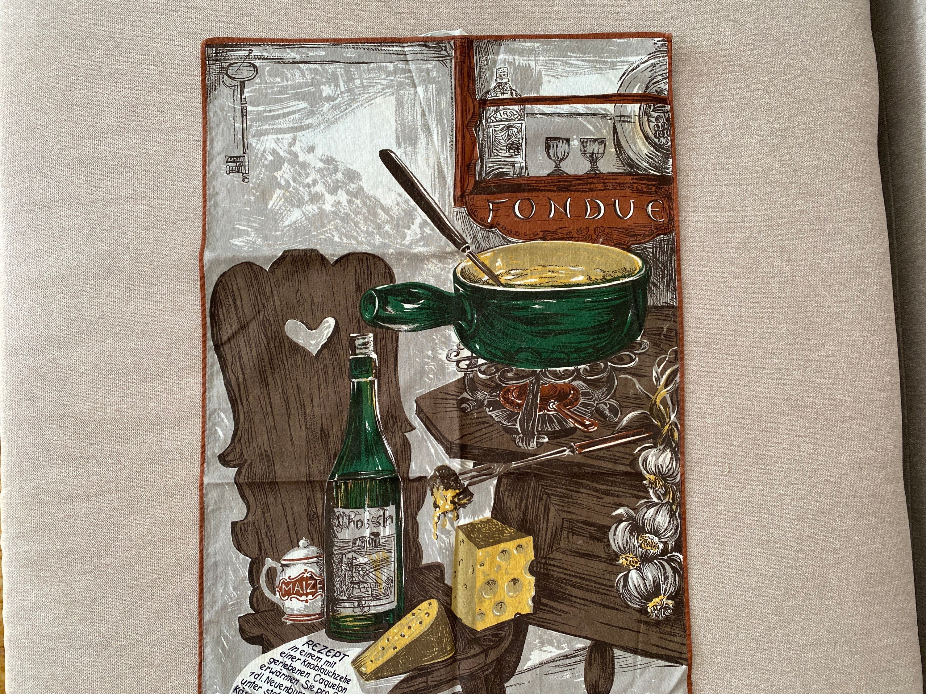Torchon Recette de Cuisine Fondue en Coton Vintage 1970 Tea Towel Antique German Recipe Cotton Shabb