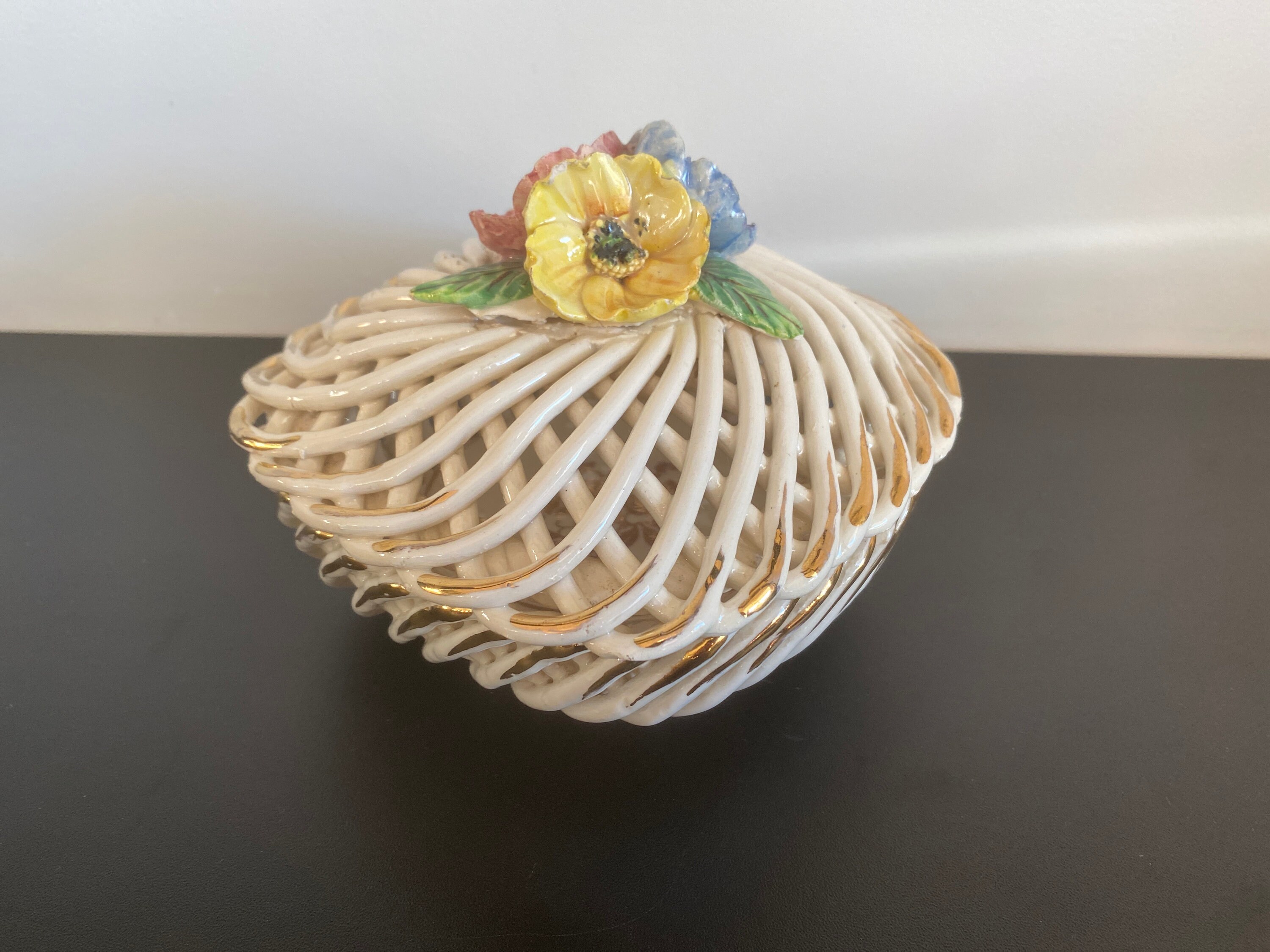 Boite à Bijoux Coffret ou Baguier en Faience Tressée Retro Deco Vintage Ceramic Shabbychic Français