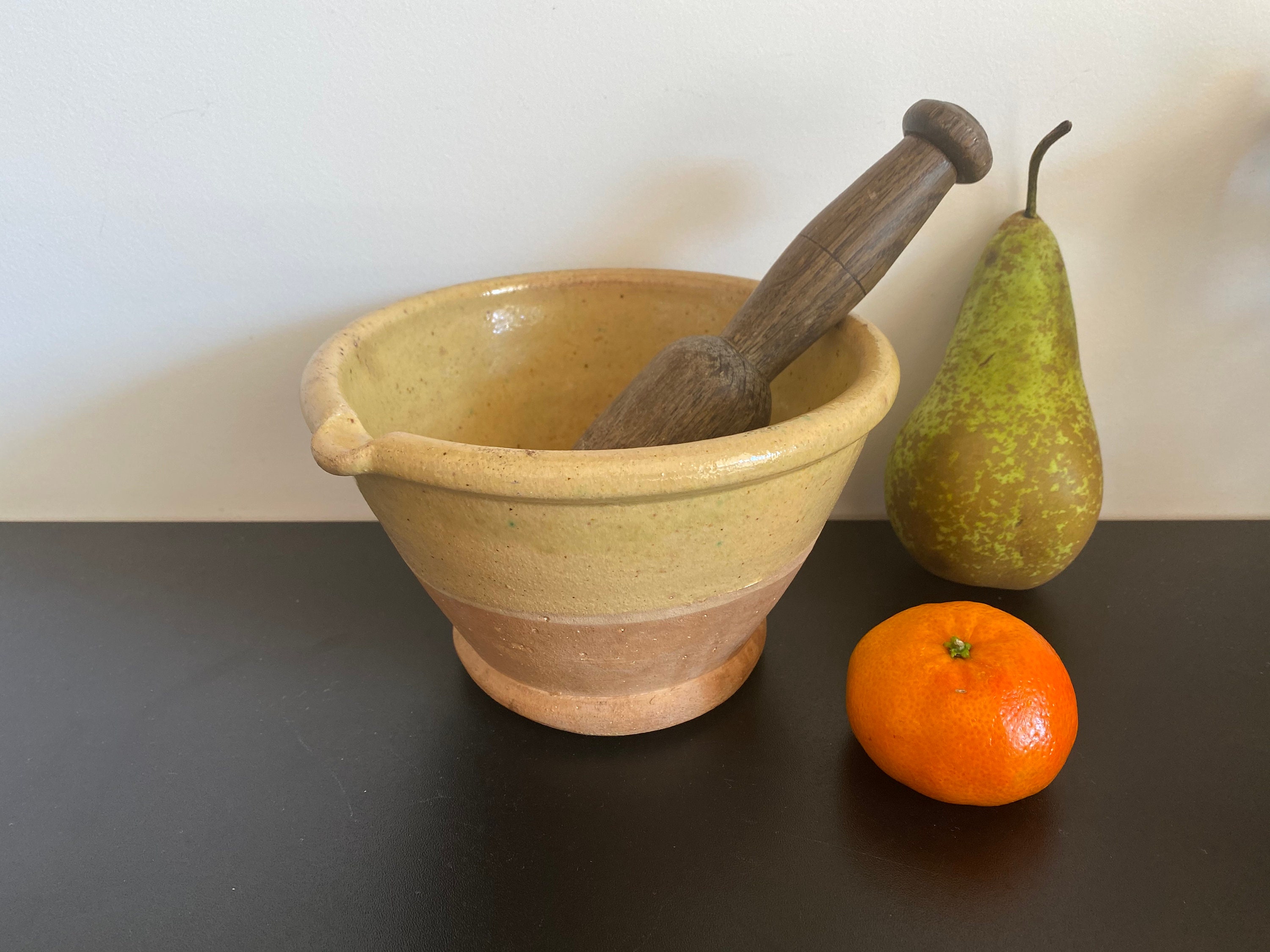 Mortier Ancien Grès Vernissé Années 1900 Glacure Jaune Rustique French Antique Sandstone Heavy Morta