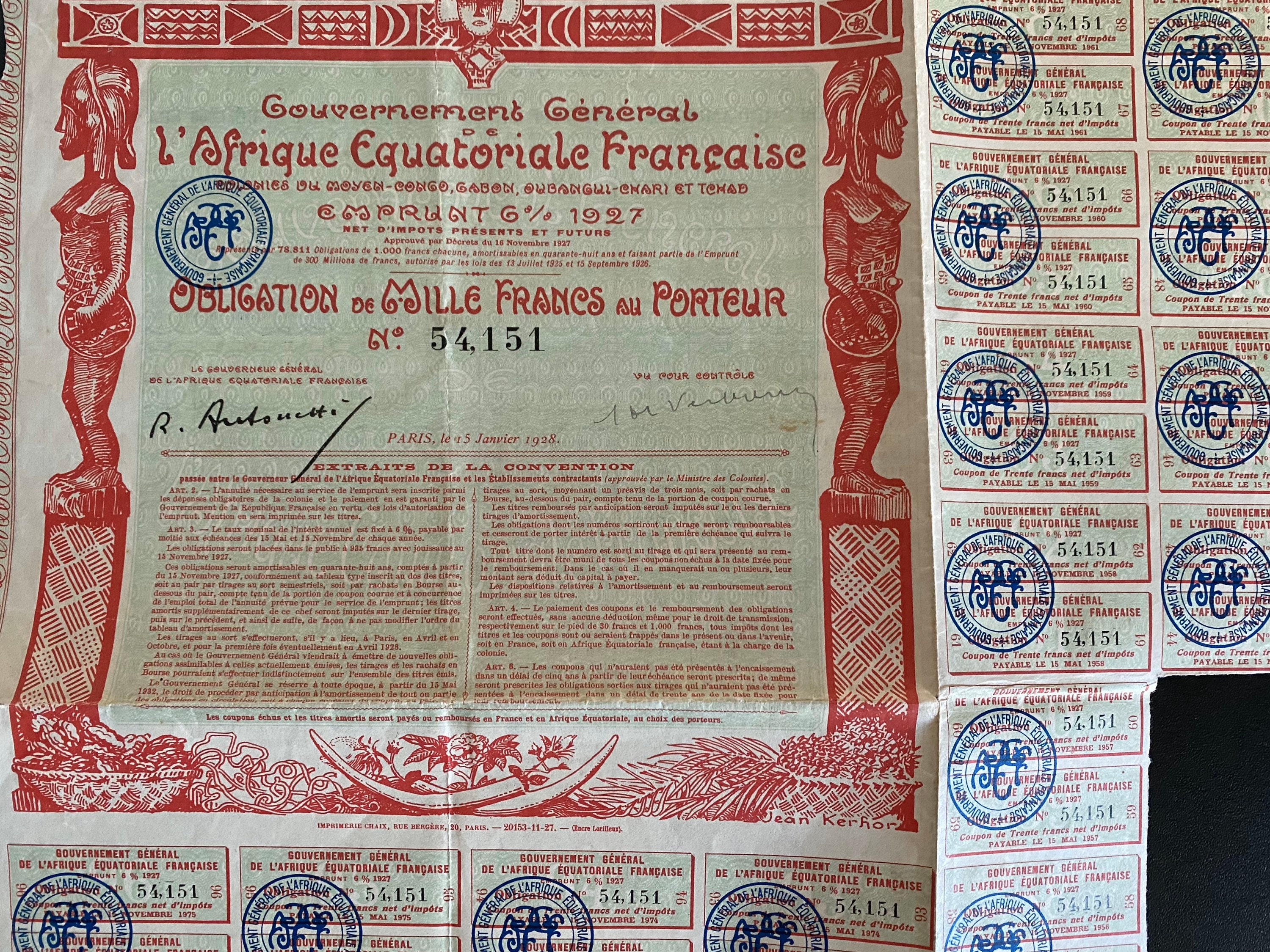 Bon Au Porteur Afrique Équatoriale 1927 Obligation de 1000 Francs Emprunt 6% Collection Scripophilie