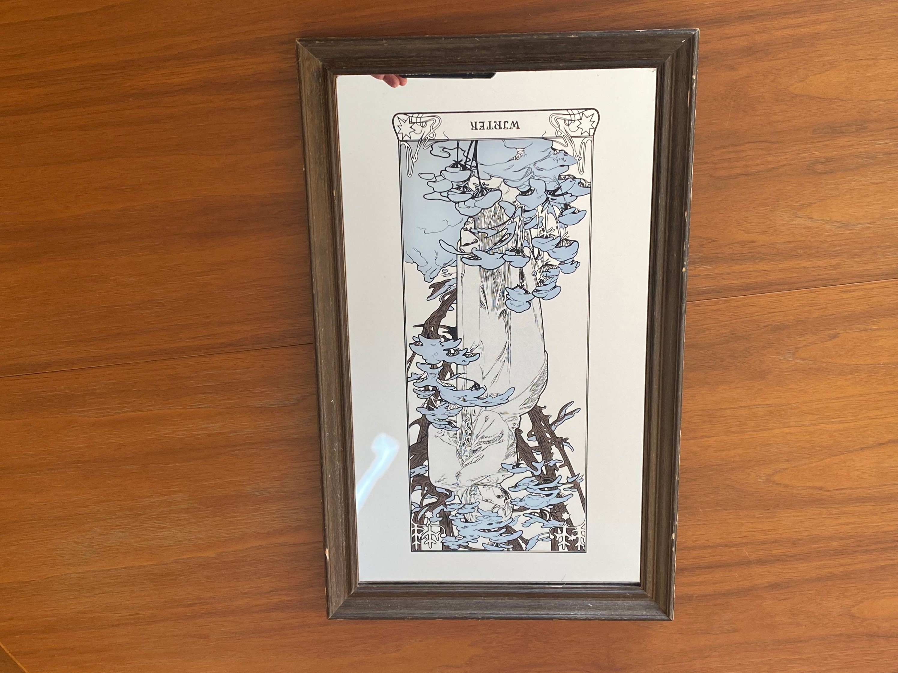 Cadre Miroir Vintage Des Années 1970 Mucha Winter Profil de Femme Antique Art Nouveau Mirror Shabbyc