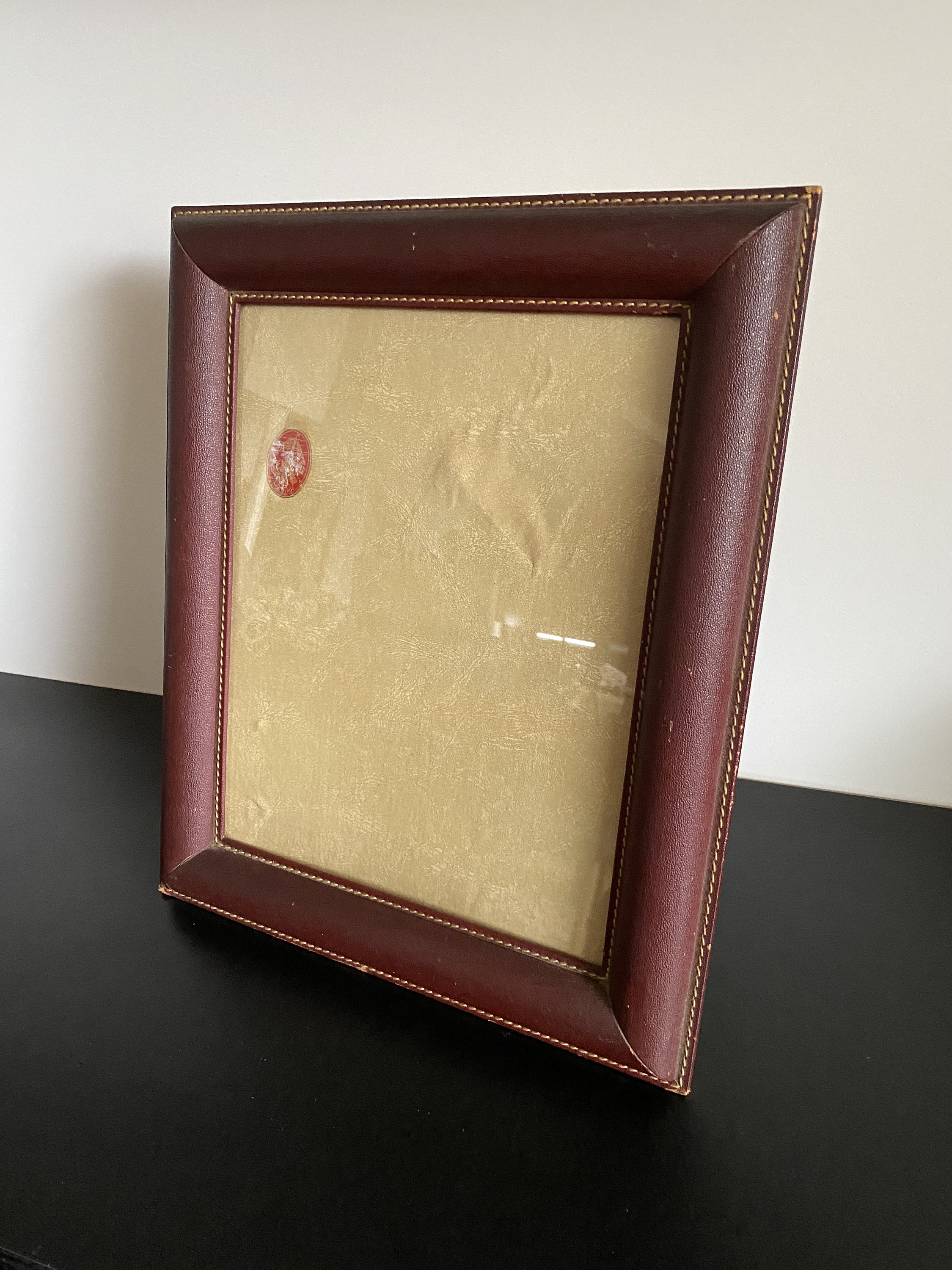 Cadre Photo Xl en Cuir Rouge Bordeaux Vintage 1950 Antique French Red Leather Frame Boho Folk Chic