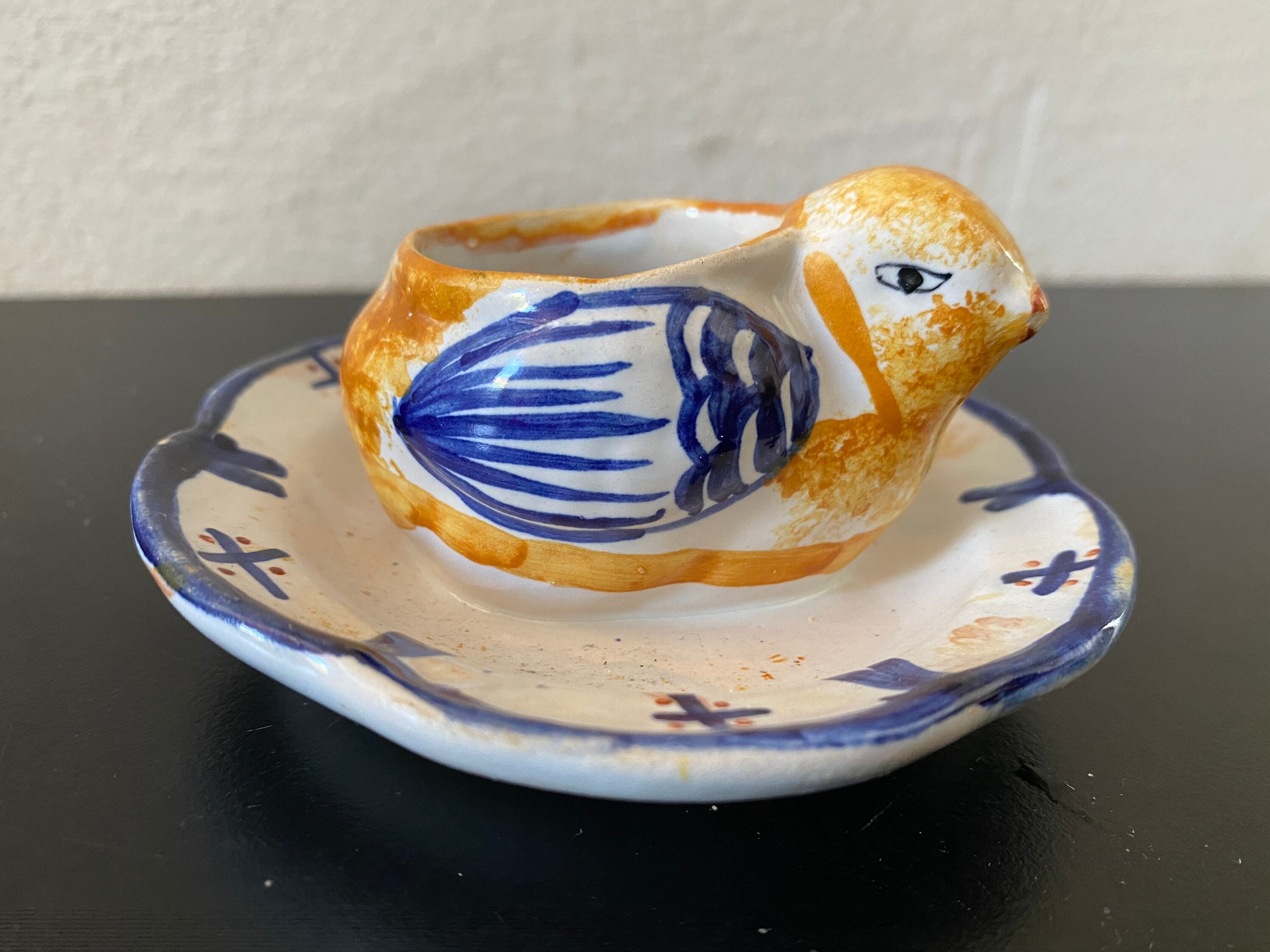 Coquetier Forme Poussin en Porcelaine Coloré Signé Hb Quim Décor Polychrome Vintage Antique Céramiqu