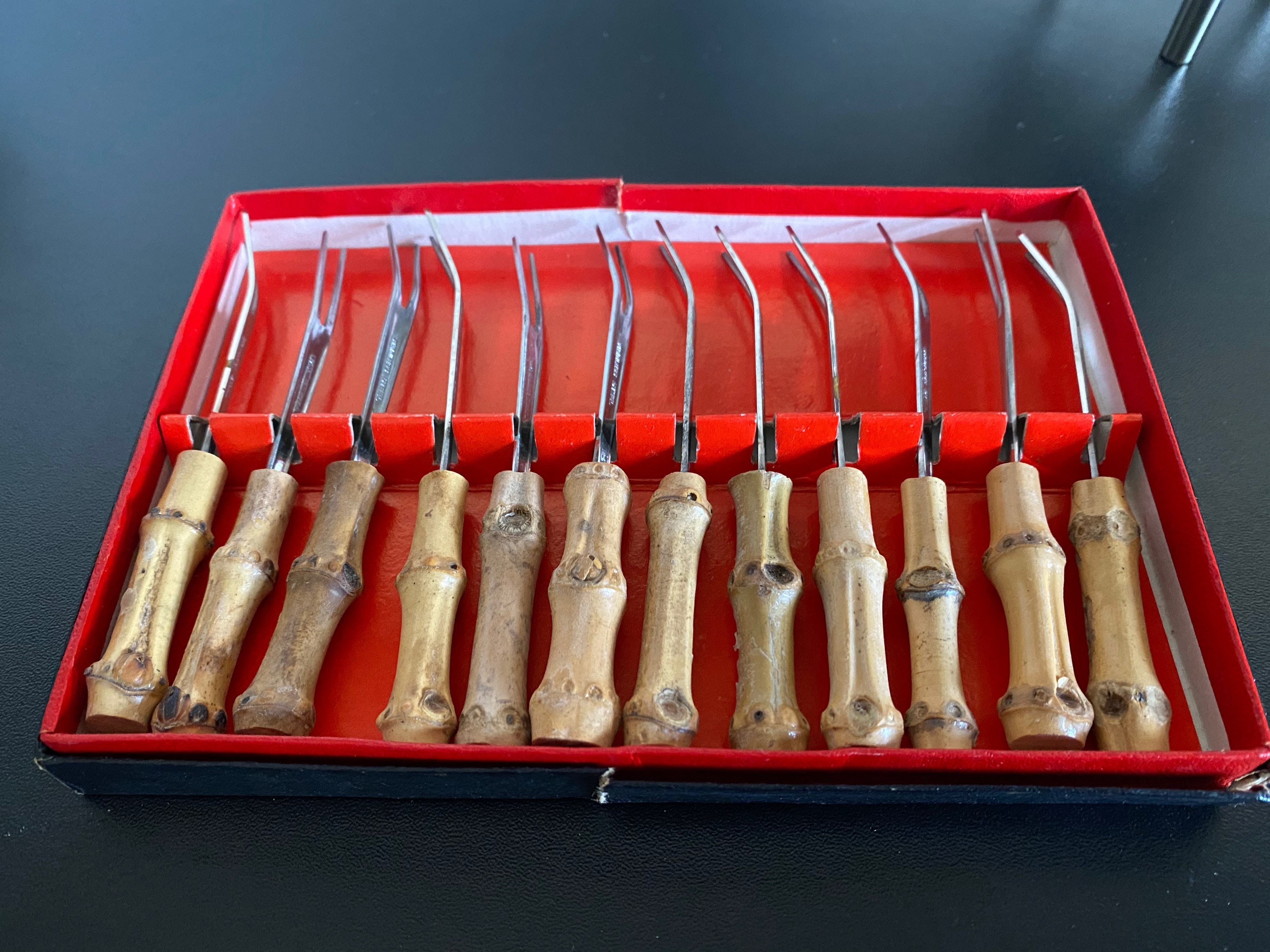 Bamboo 12 Piques Pour Apéritif Manche Bambou, et Inox Vintage 1950 Tiki Mcm Midcentury Cutlery Couve