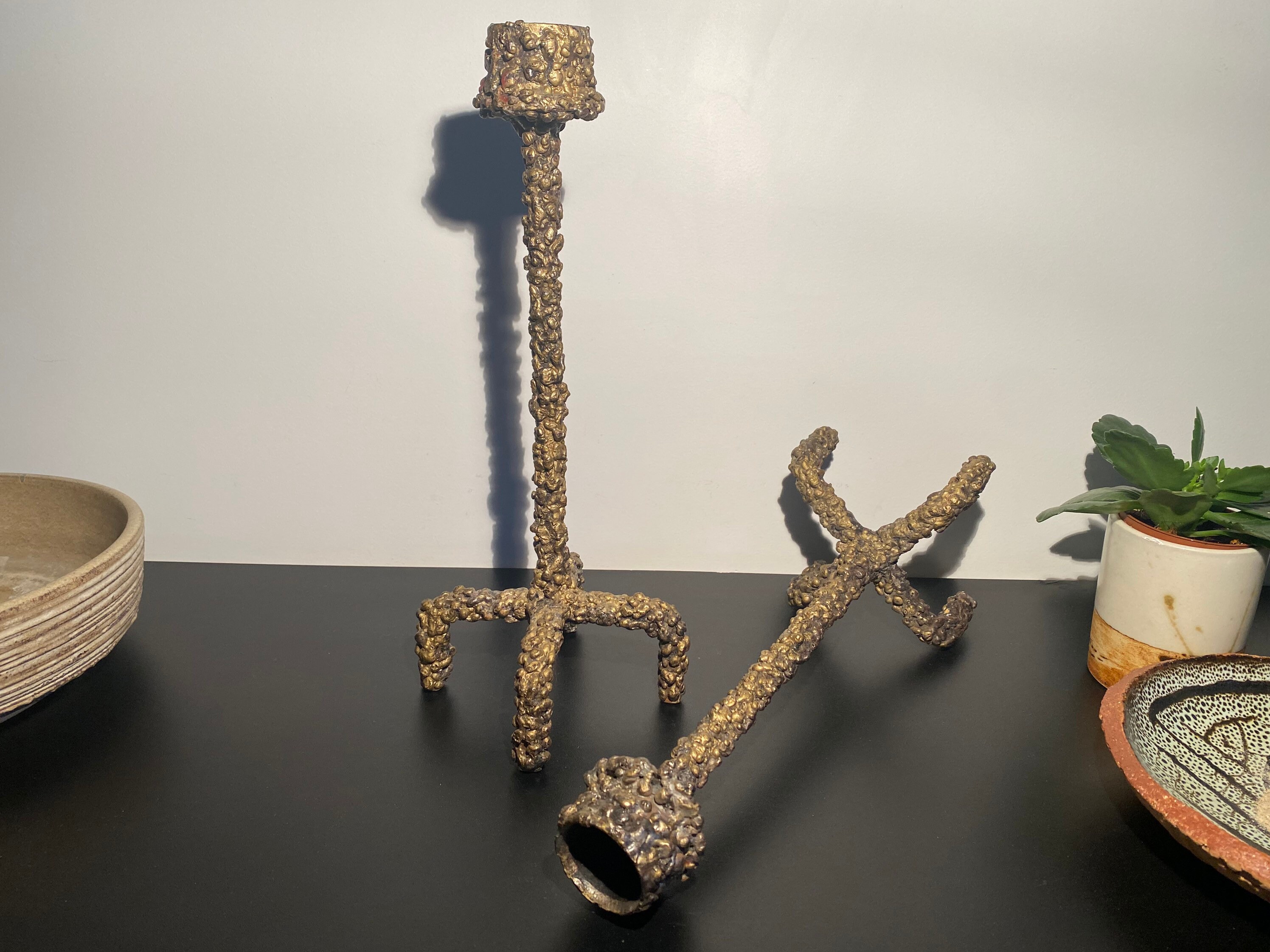 Bougeoirs Modernistes Brutalistes Métal et Laiton Vintage Années 1970 Chic Bohême France Fait Main A