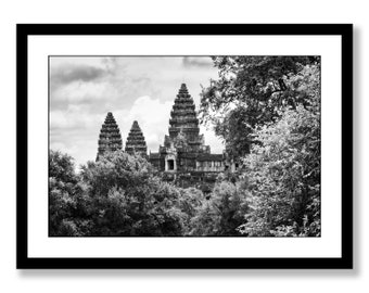 Cambodia black and white wall art print of Angkor Wat. Minimalist fine art photography for living room. Extra large office wall art