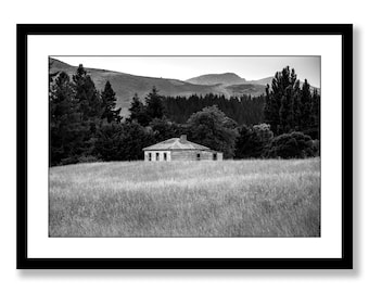 New Zealand wall art prints of farm house landscape photography. Black and white photography wall art prints for living room or office