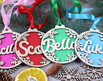 Custom Christmas baubles with name, Wooden tree baubles,  Ornament With Name ball, snowflake ornament Christmas, Personalized ornaments