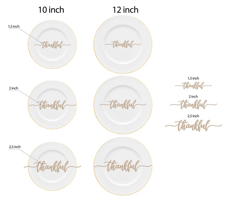 Puede incluir: Tres platos de cer&aacute;mica blanca con borde dorado, cada uno con la palabra "thankful" en escritura cursiva. Los platos tienen un di&aacute;metro de 25,4 cm, 30,5 cm y 30,5 cm.