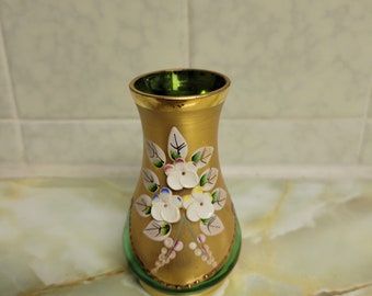 Vintage Bohemian Czech Mini Green Glass with Gold Vase