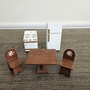 Vintage Doll House Furniture, Wooden Kitchen Set - Table and Chairs, Fridge and Stove