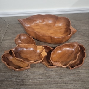 Vintage Wooden Leaf Salad Bowl Set - Monkey Pods