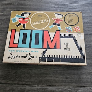 May include: Vintage Davis Adjustable Loom box with illustrations of children weaving. The box features the word "LOOM" in large letters, with "FOR WEAVING WITH Loopers and Yarn" below. The box also lists items that can be made, such as pot holders and scarves.