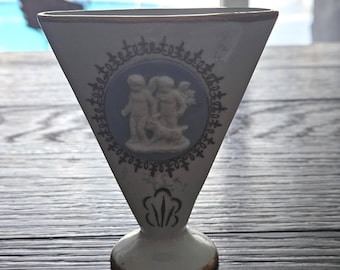 Vintage Napco Royal Woodward Ceramic Bud Vase - Blue Cameo Style Relief of 2 Cherubs