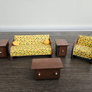 Vintage Doll House Furniture, Chair, Sofa, Coffee Table, and End Tables